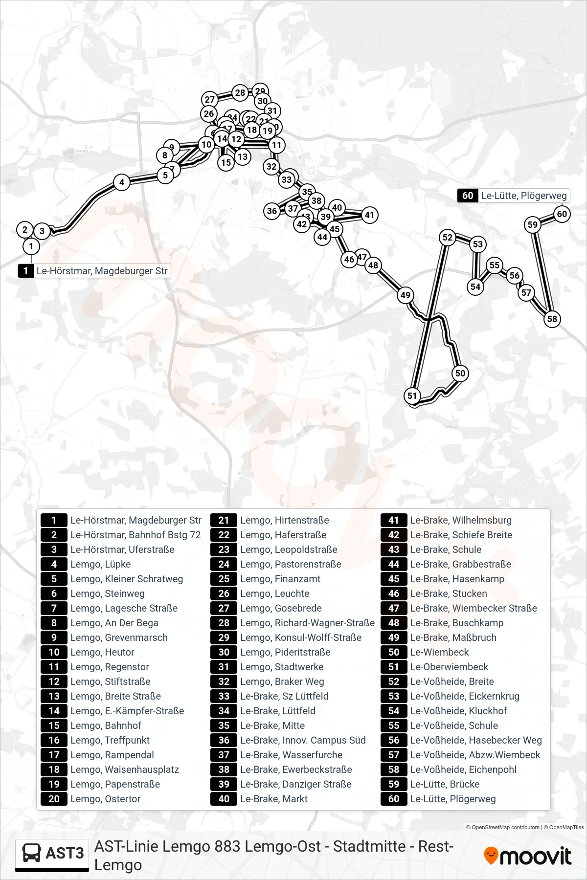 AST3 bus Line (Le-Lütte, Plögerweg) route and stops on a map