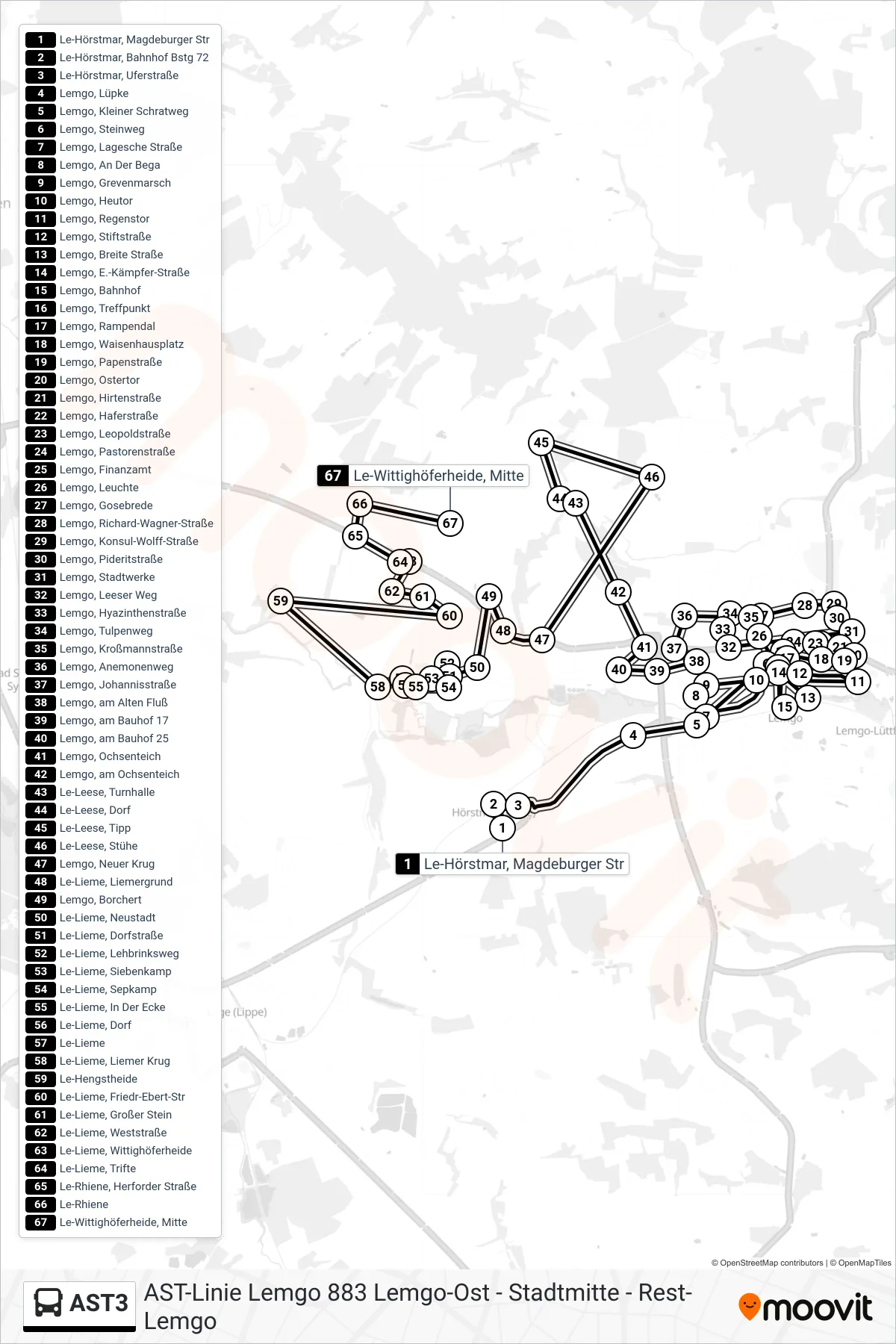 AST3 bus Line (Le-Wittighöferheide, Mitte) route and stops on a map