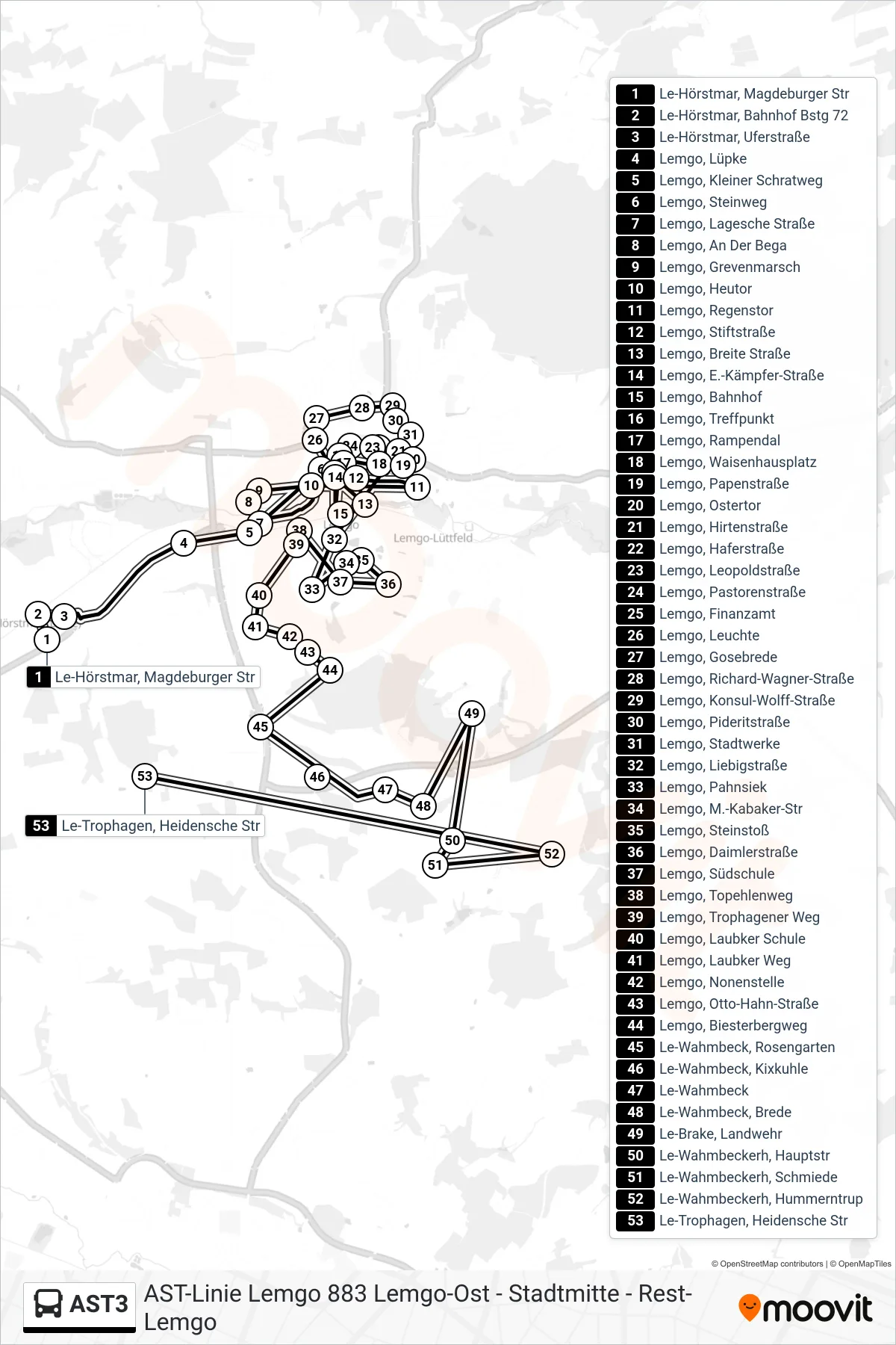 AST3 bus Line (Le-Trophagen, Heidensche Str) route and stops on a map