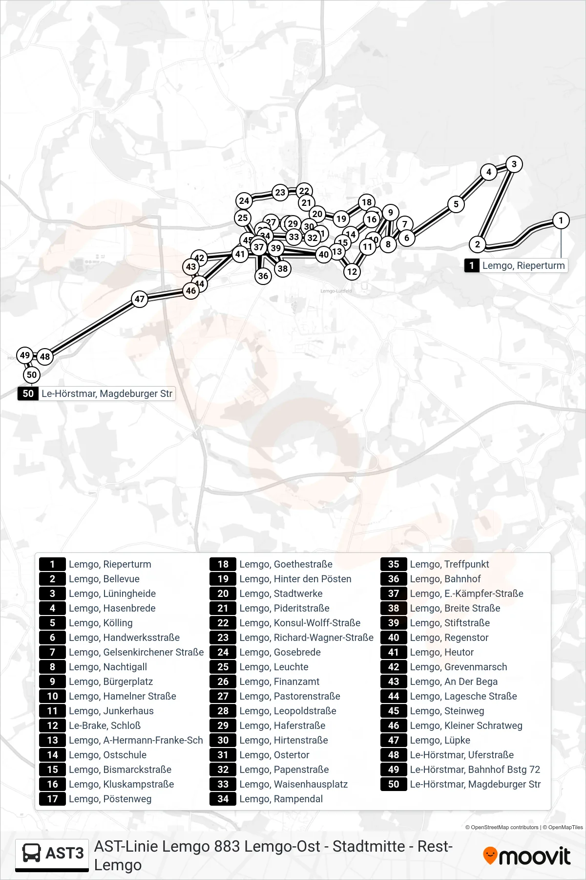 AST3 bus Line (Le-Hörstmar, Magdeburger Str) route and stops on a map