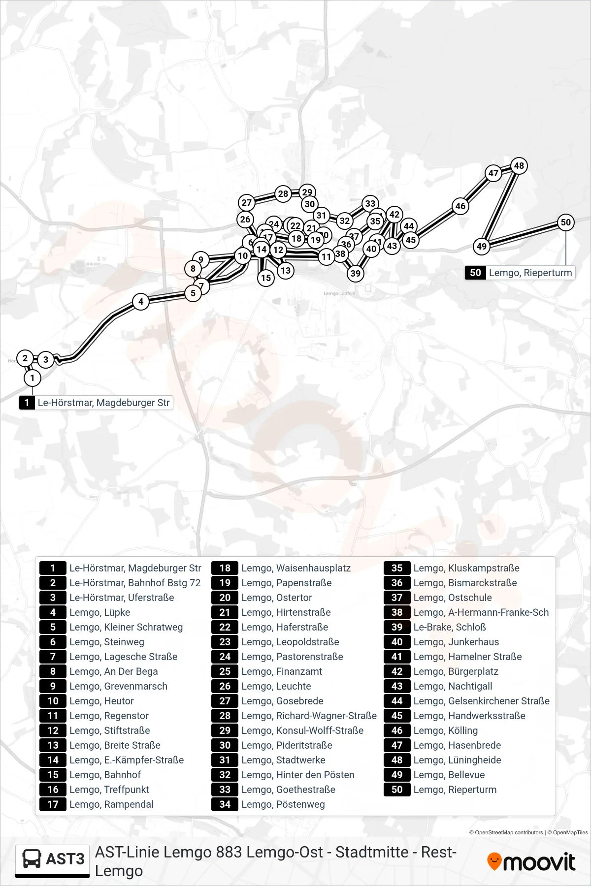 AST3 bus Line (Lemgo, Rieperturm) route and stops on a map