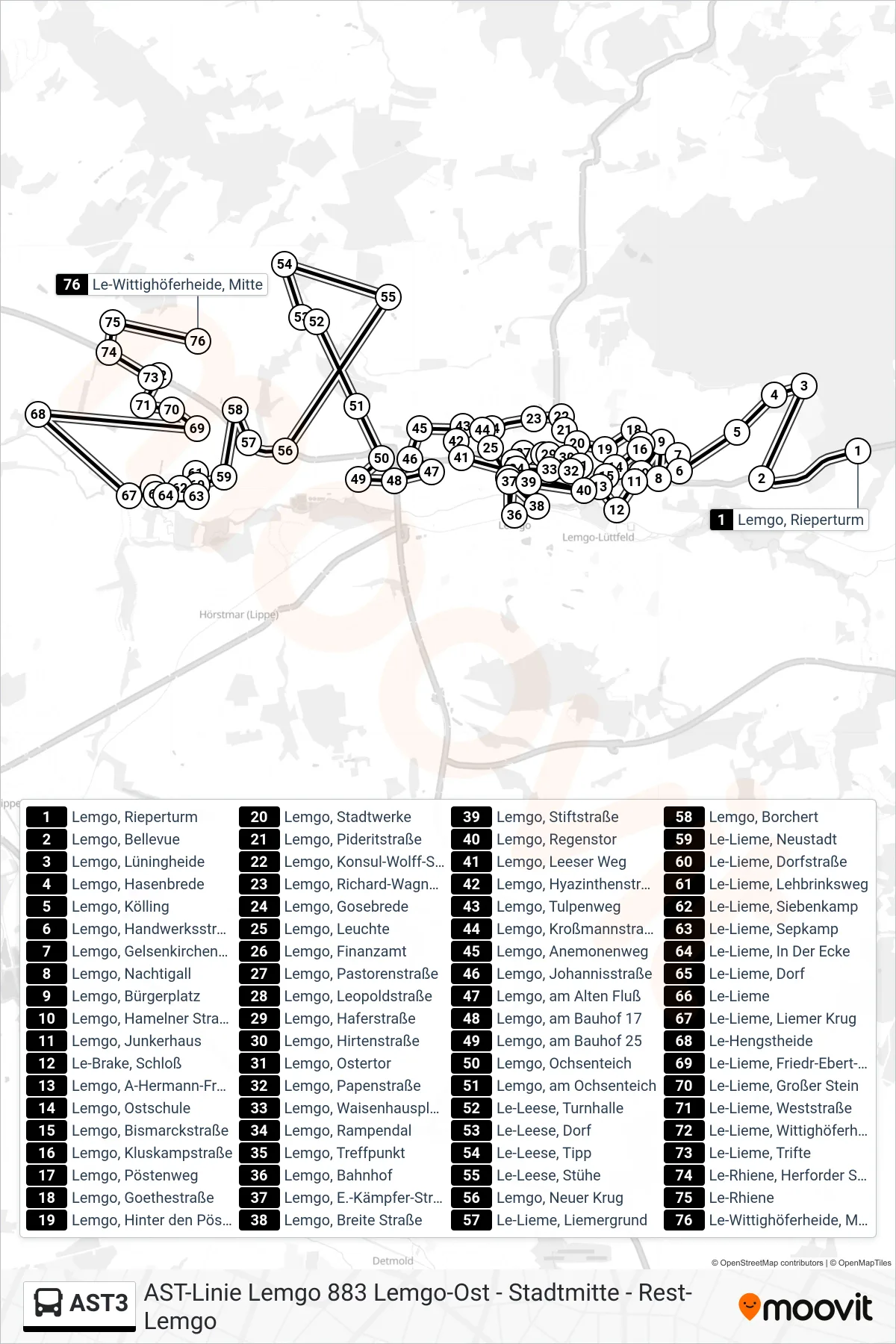 AST3 bus Line (Le-Wittighöferheide, Mitte) route and stops on a map