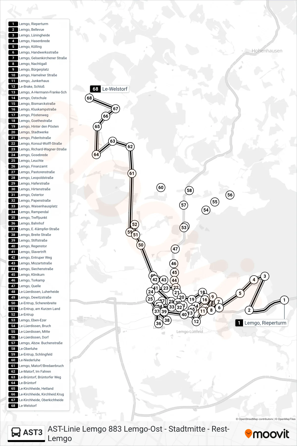 AST3 bus Line (Le-Welstorf) route and stops on a map