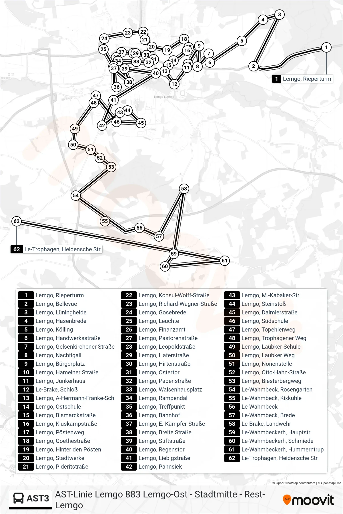 AST3 bus Line (Le-Trophagen, Heidensche Str) route and stops on a map