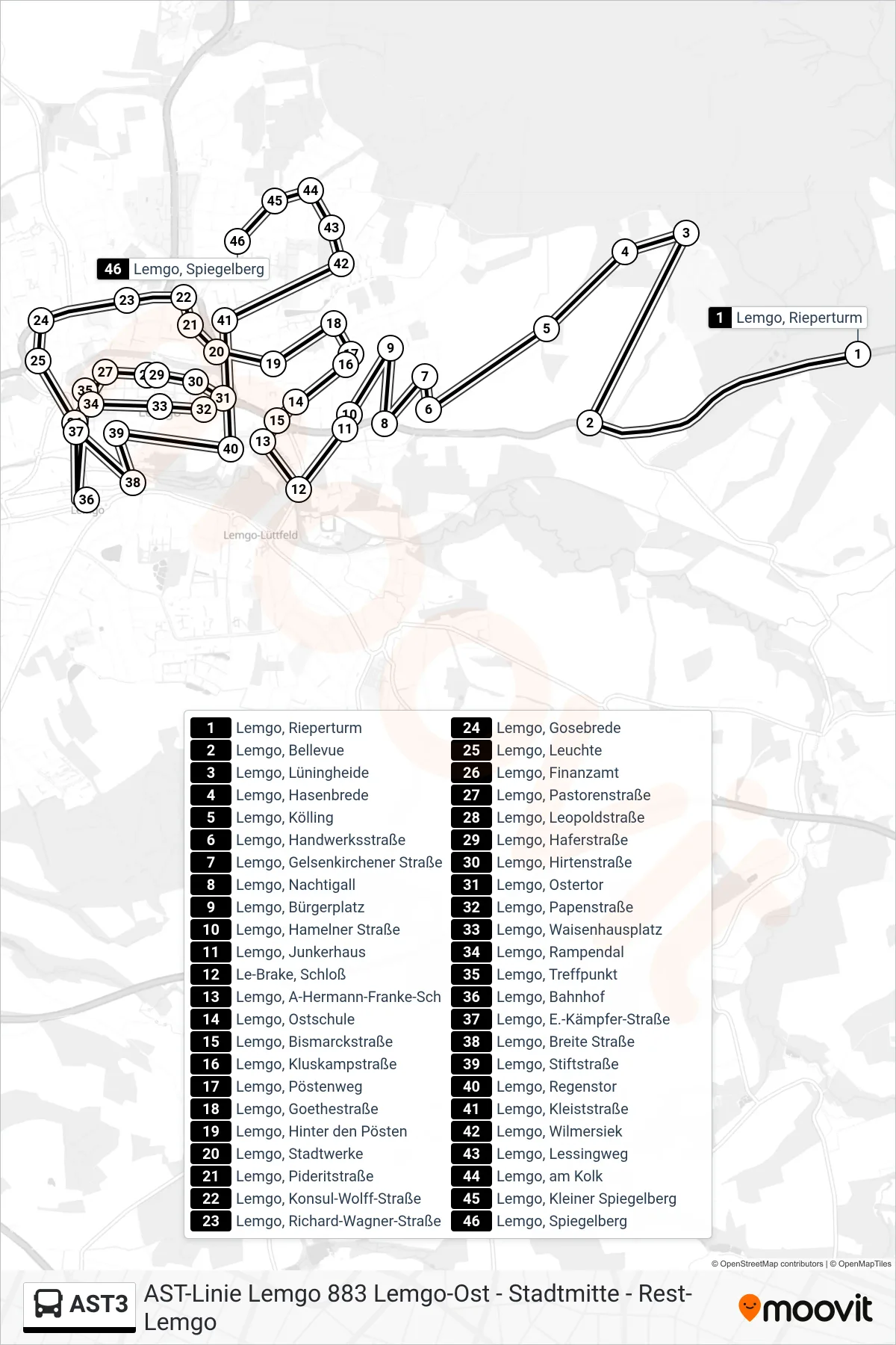 AST3 bus Line (Lemgo, Spiegelberg) route and stops on a map