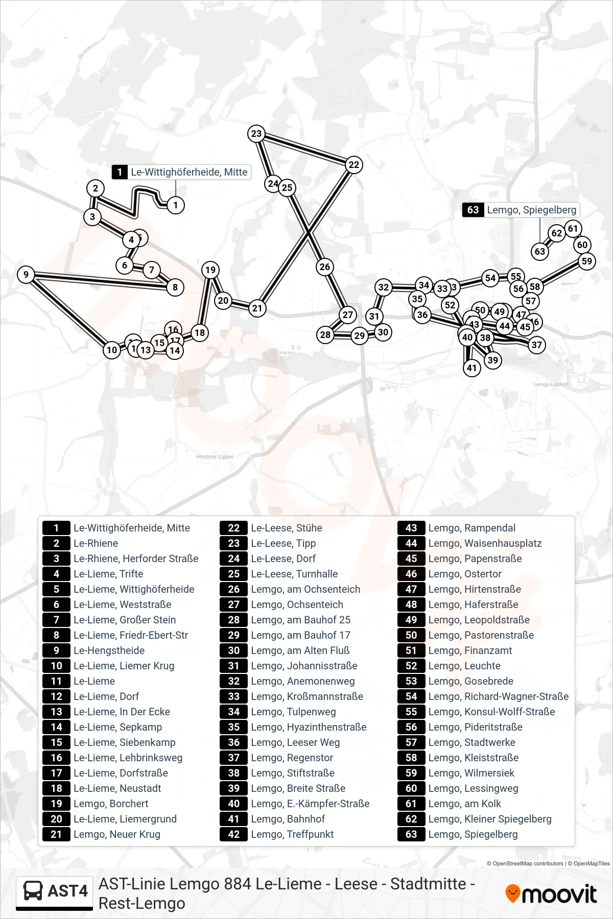 AST4 bus Line (Lemgo, Spiegelberg) route and stops on a map