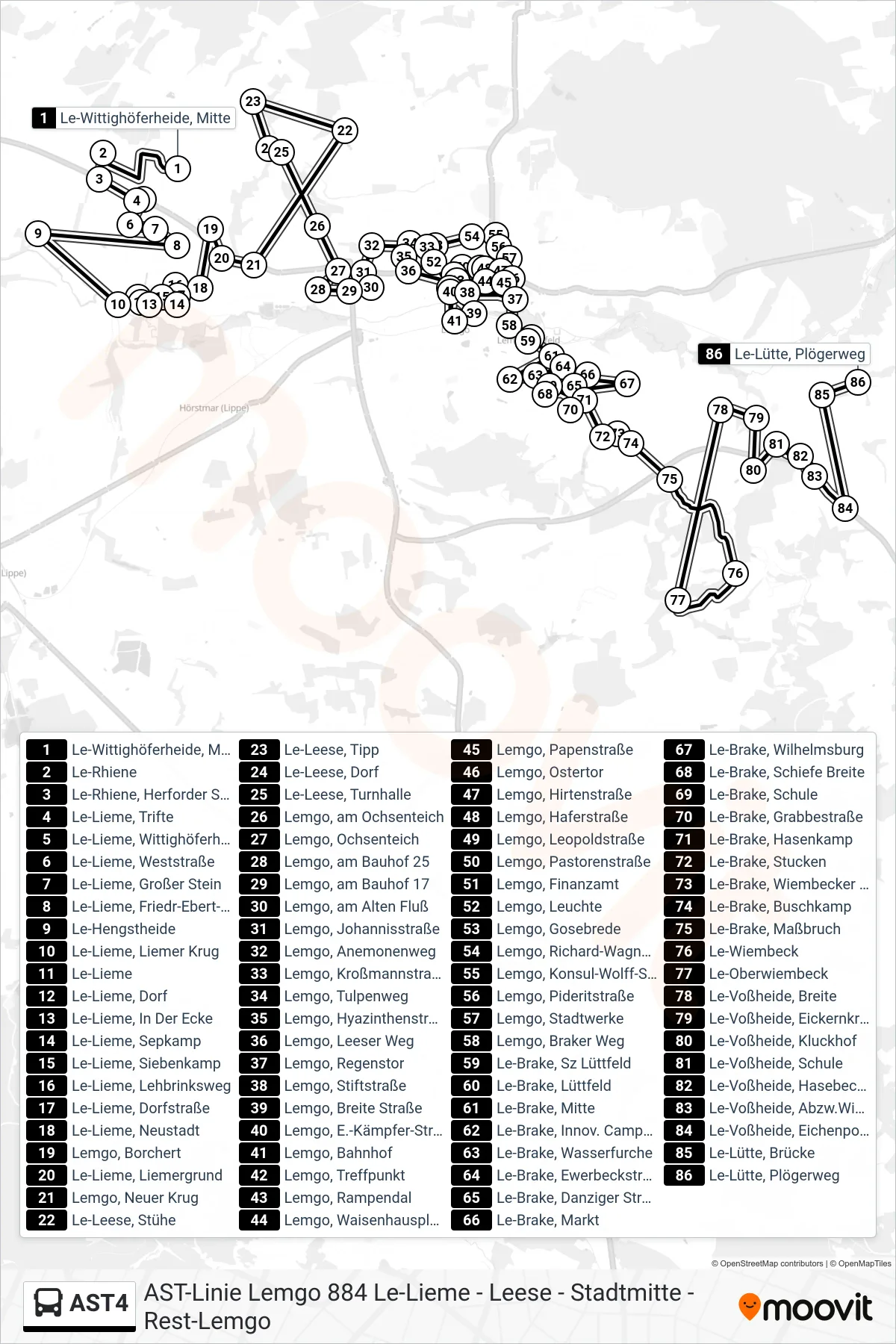 AST4 bus Line (Le-Lütte, Plögerweg) route and stops on a map