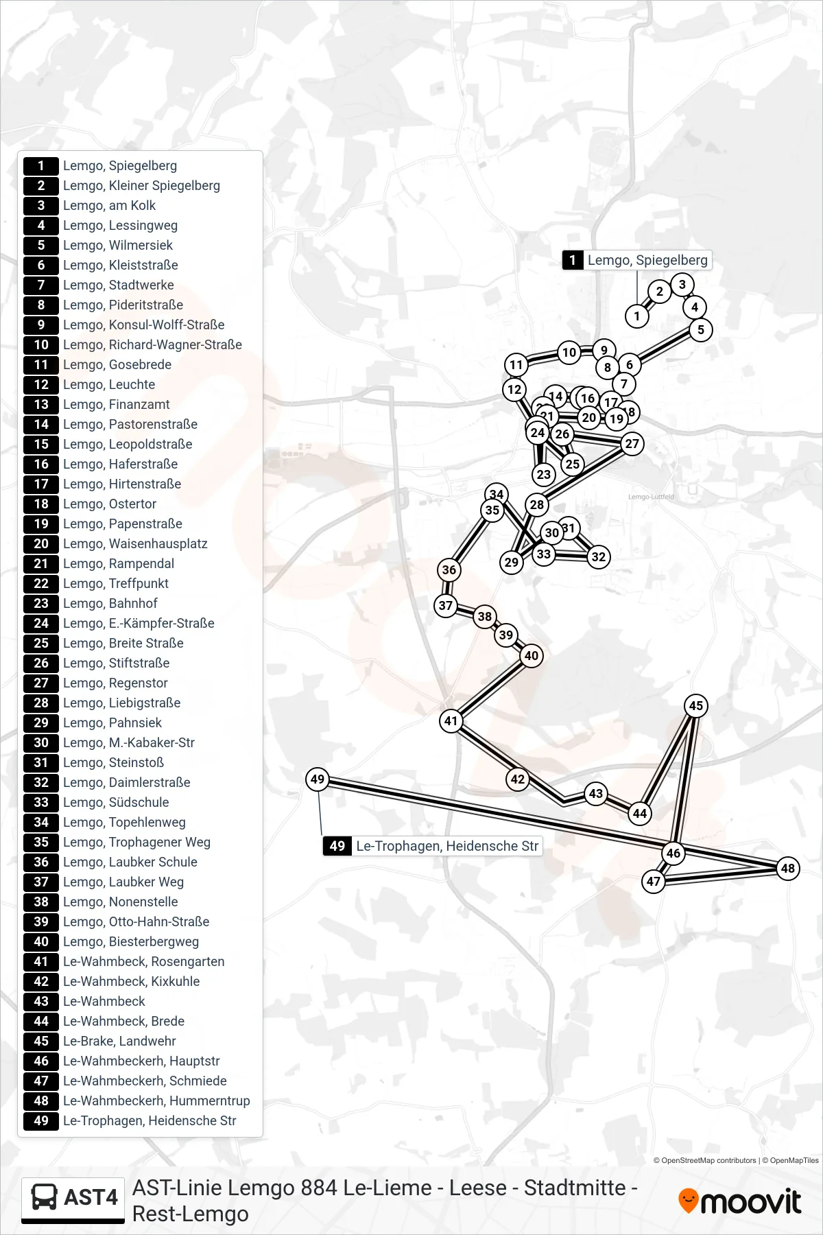 AST4 bus Line (Le-Trophagen, Heidensche Str) route and stops on a map