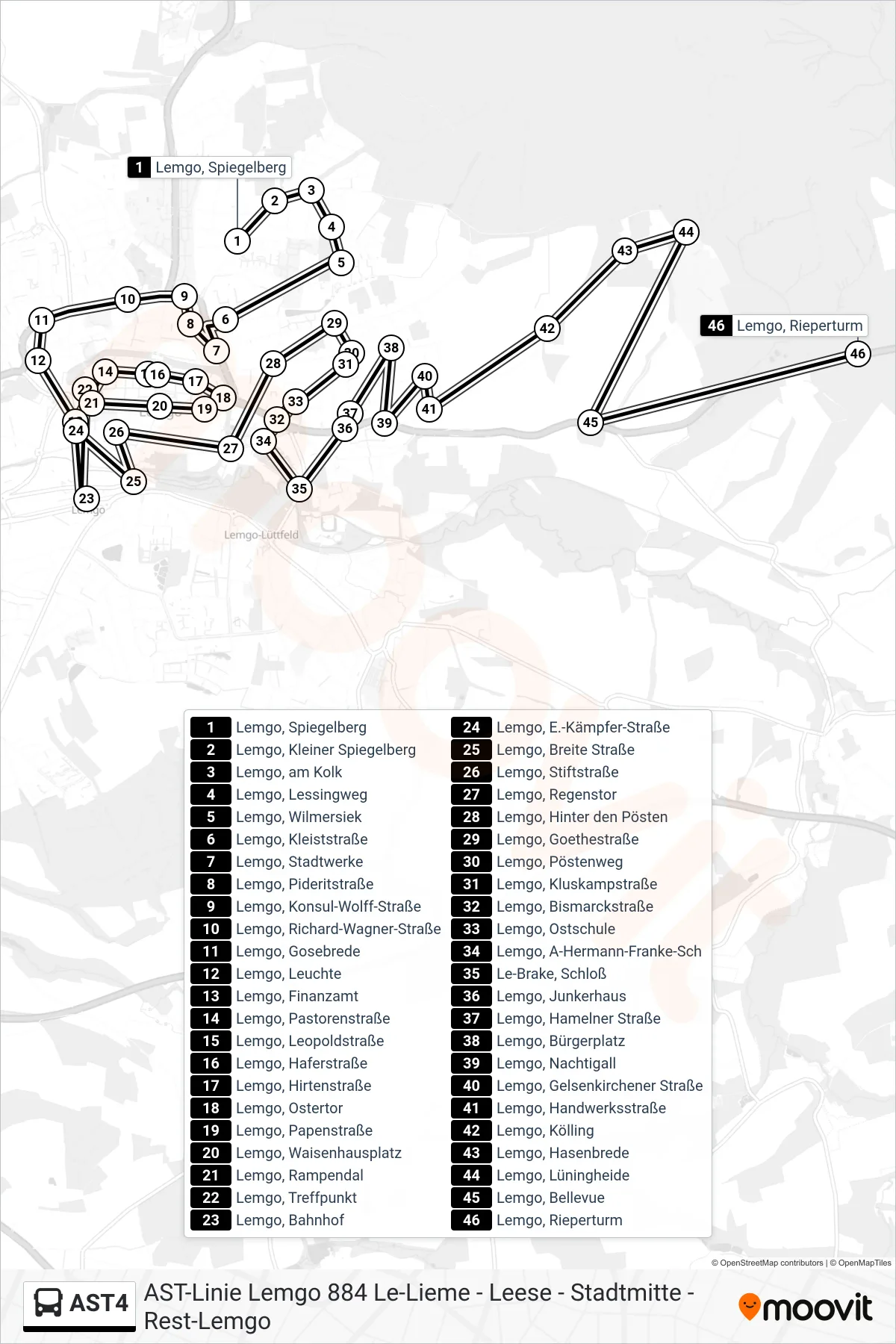 AST4 bus Line (Lemgo, Rieperturm) route and stops on a map