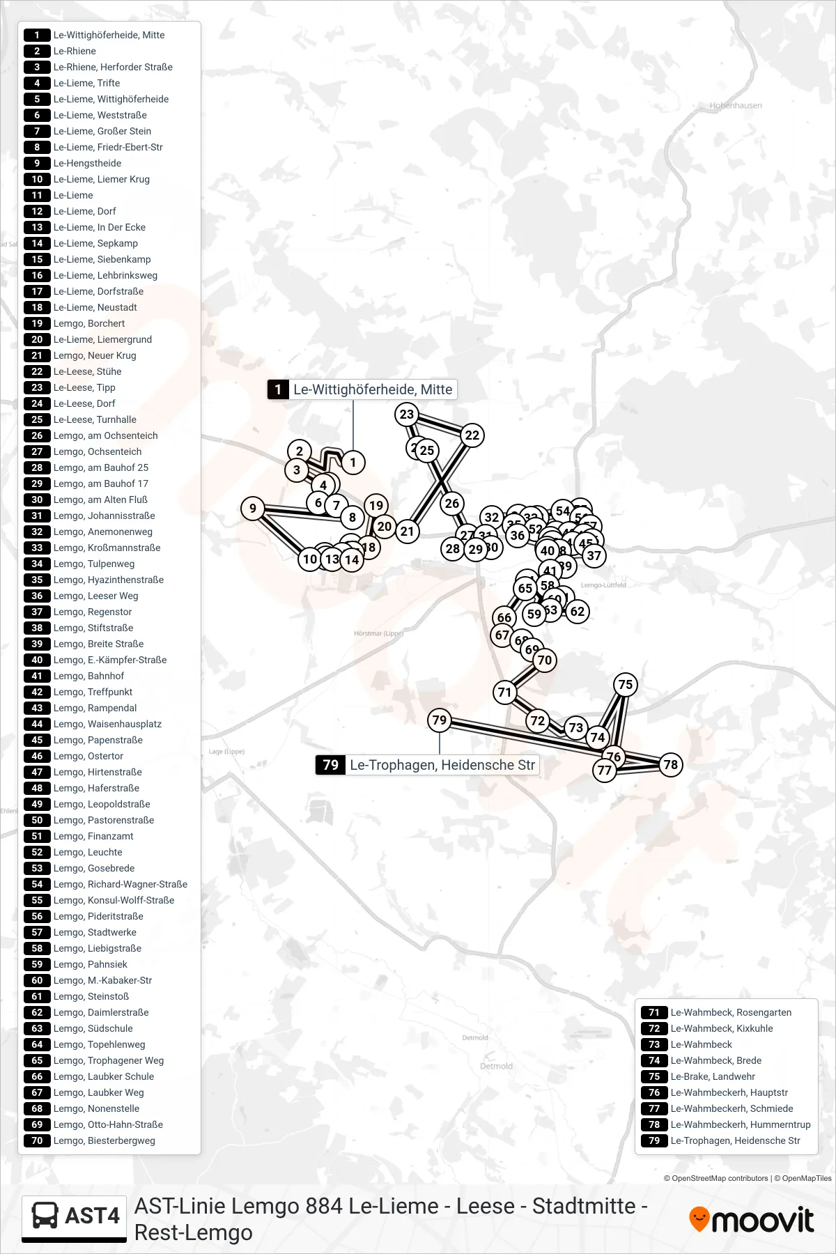 AST4 bus Line (Le-Trophagen, Heidensche Str) route and stops on a map