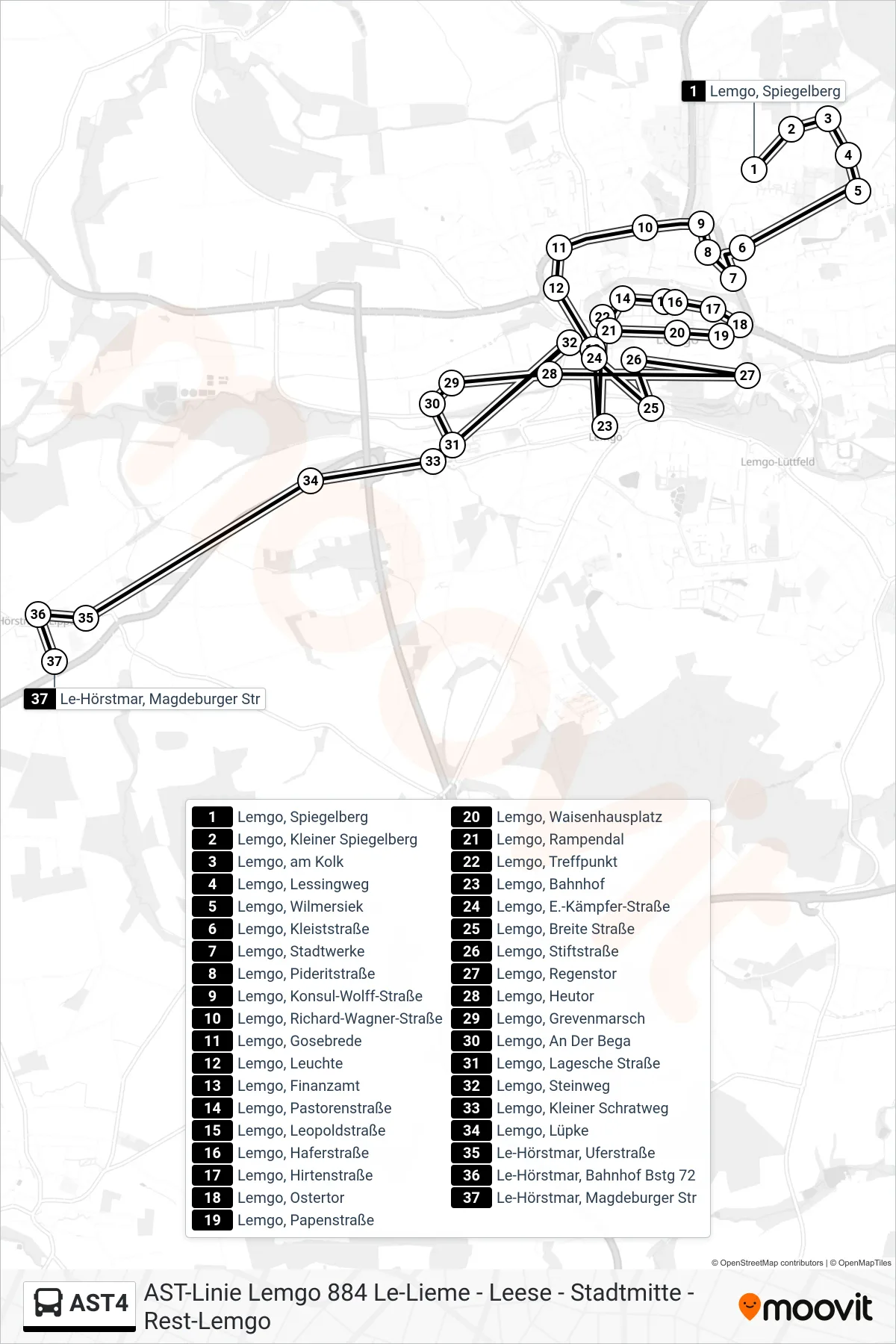 AST4 bus Line (Le-Hörstmar, Magdeburger Str) route and stops on a map