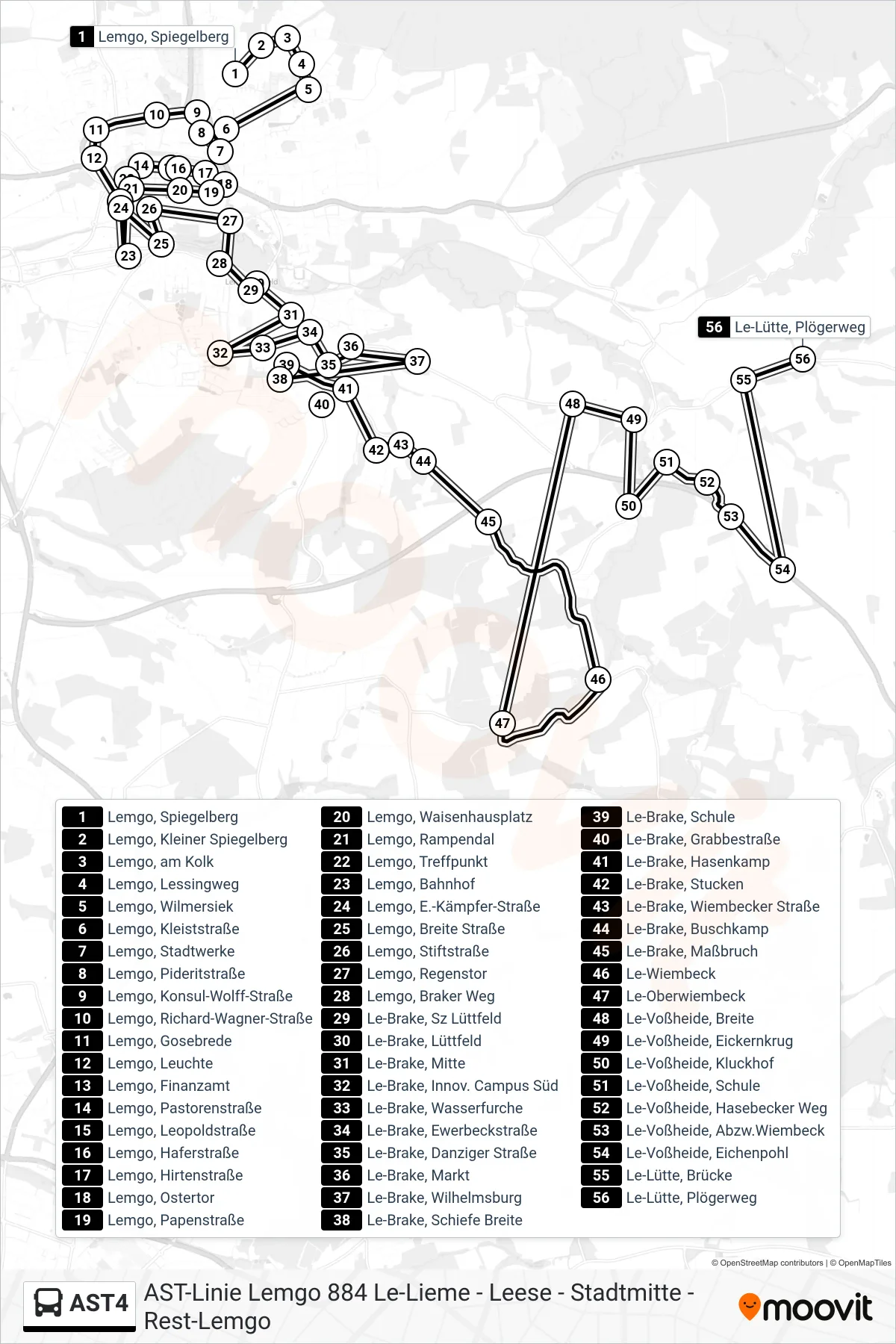 AST4 bus Line (Le-Lütte, Plögerweg) route and stops on a map