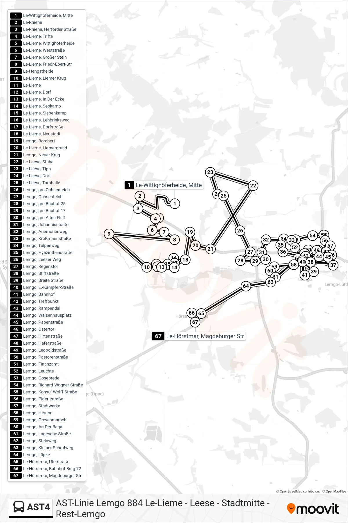 AST4 bus Line (Le-Hörstmar, Magdeburger Str) route and stops on a map
