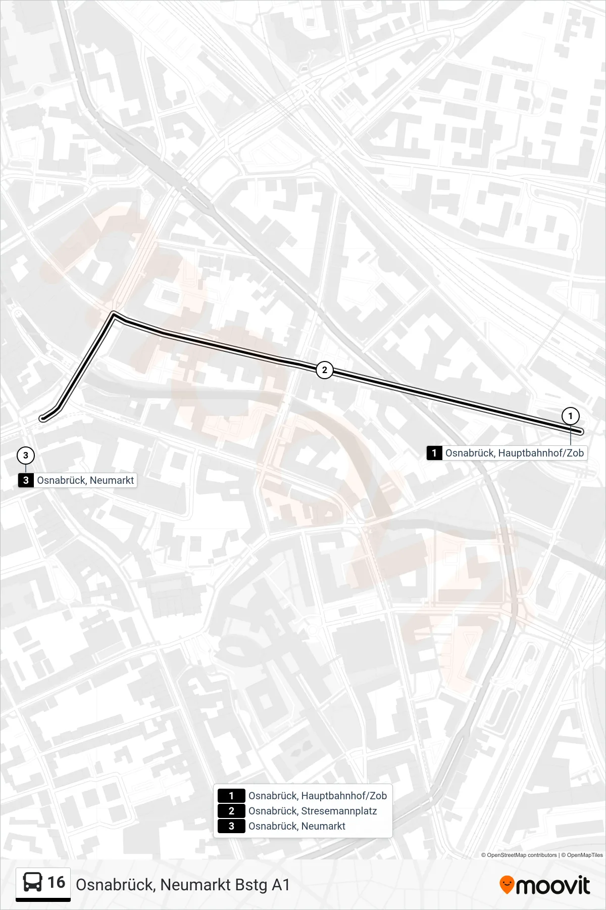 Linie 16 (Bus) Richtung Osnabrück, Neumarkt Bstg A1: Route und Haltestellen auf der Karte