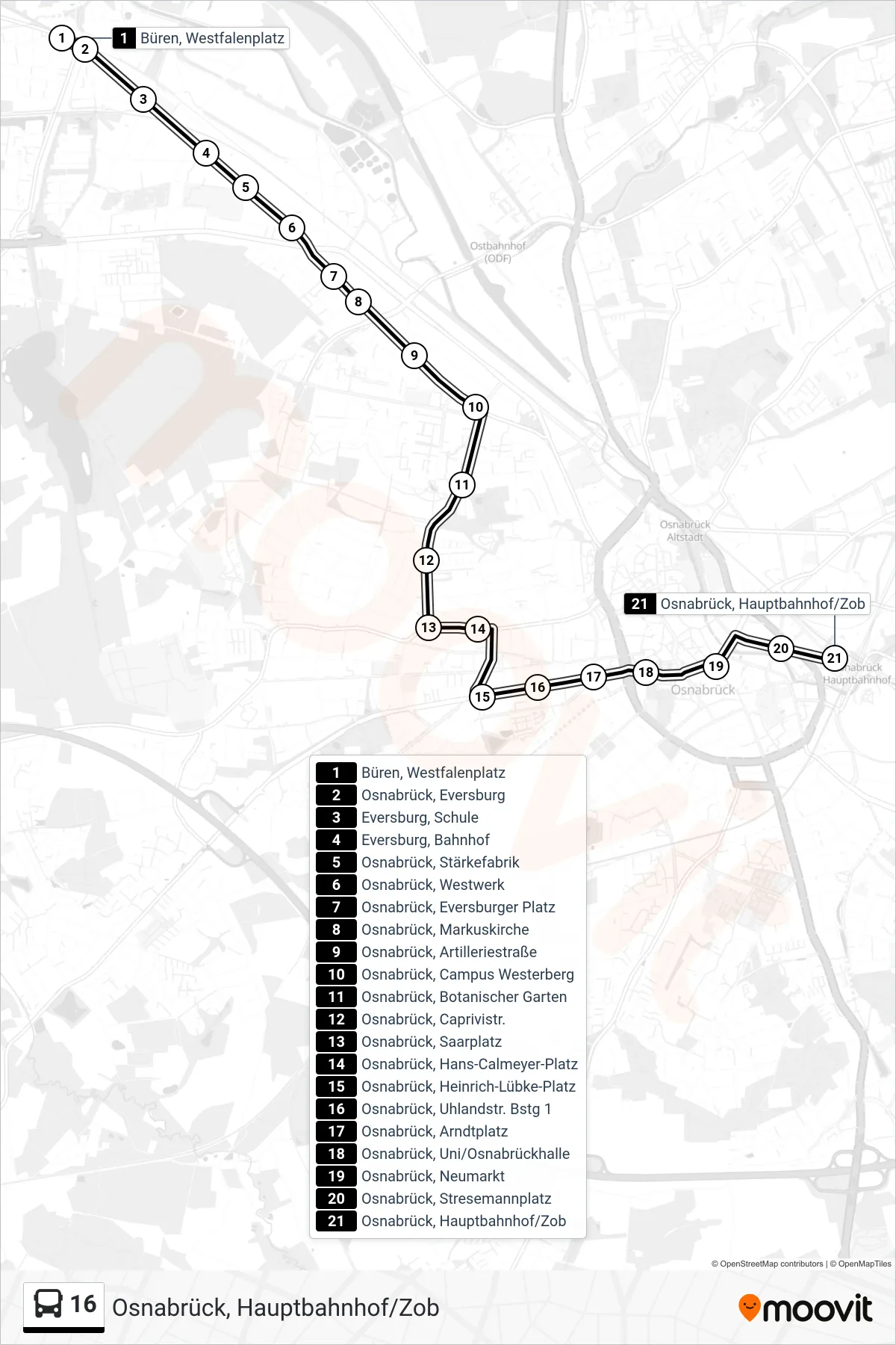 16 bus Line (Osnabrück, Hauptbahnhof/Zob) route and stops on a map