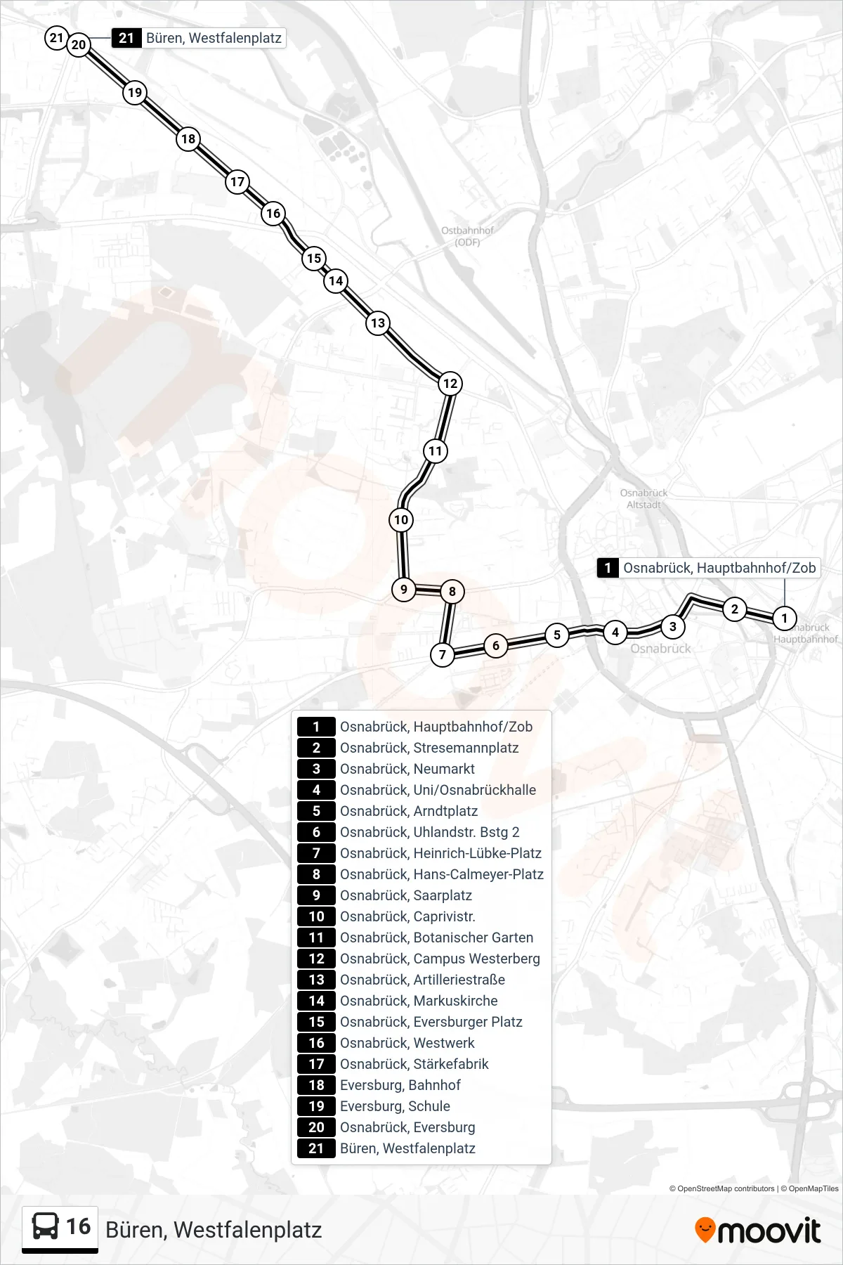 16 bus Line (Büren, Westfalenplatz) route and stops on a map