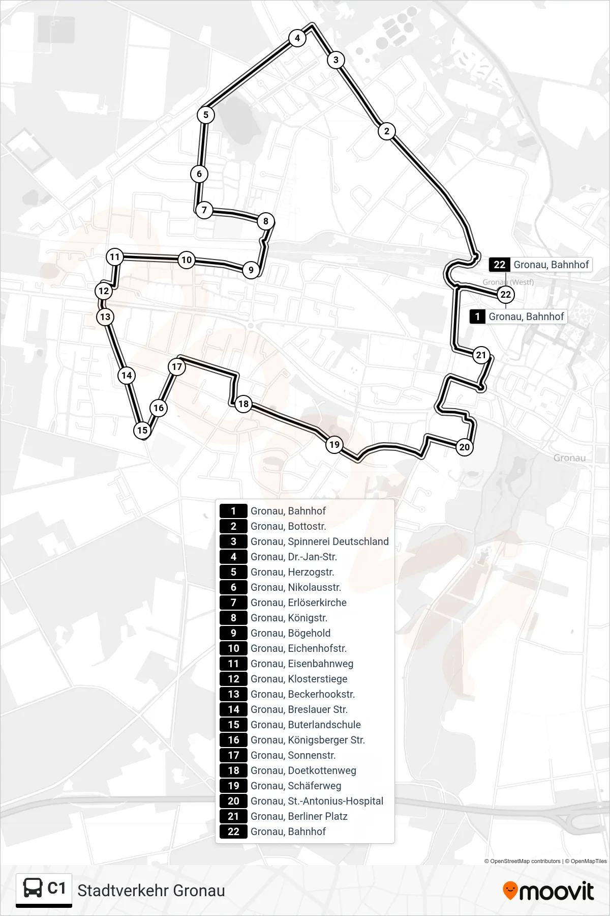 Linie C1 (Bus) Richtung Gronau, Bahnhof Bstg C: Route und Haltestellen auf der Karte