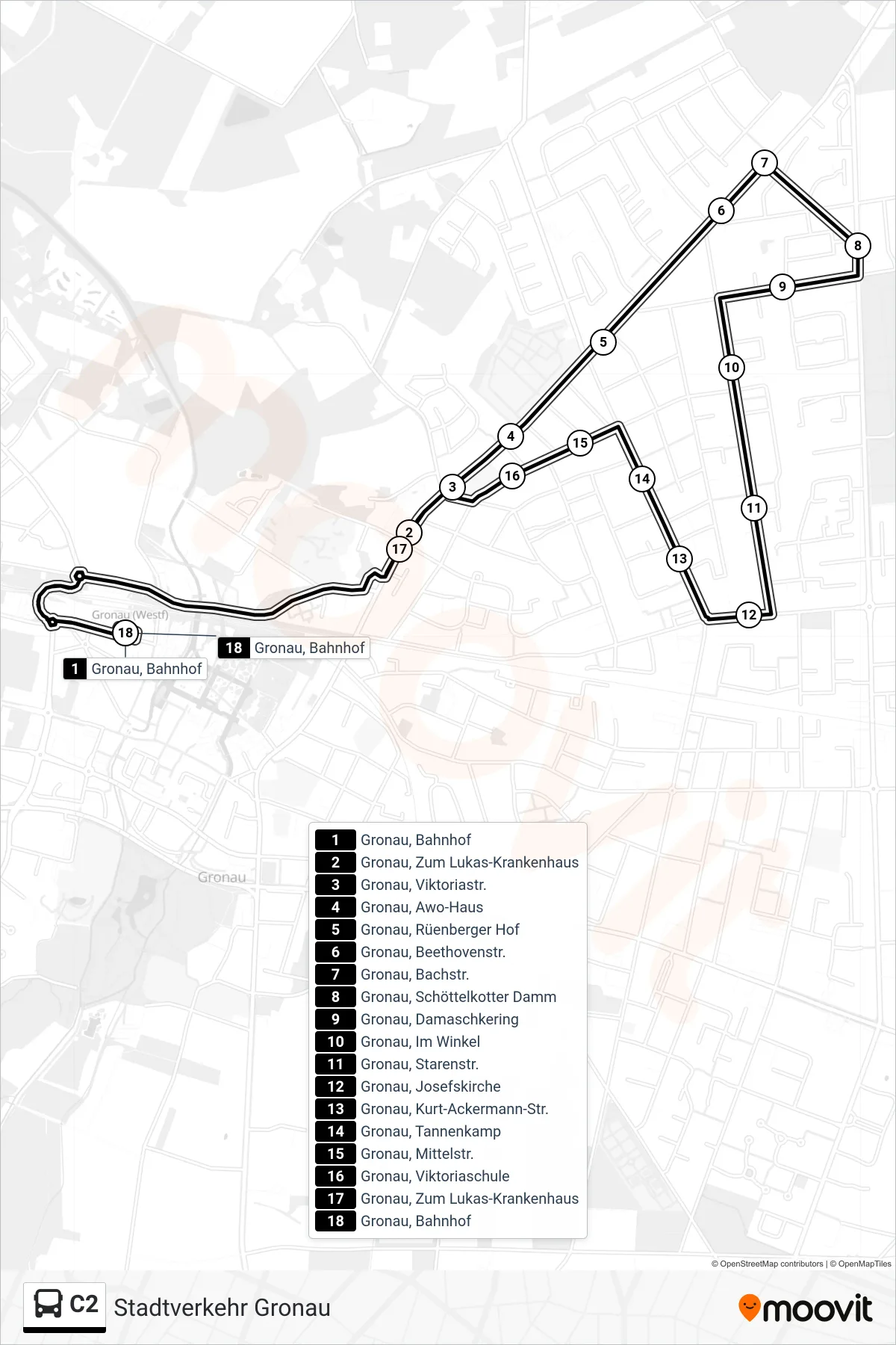 Linie C2 (Bus) Richtung Gronau, Bahnhof Bstg D: Route und Haltestellen auf der Karte