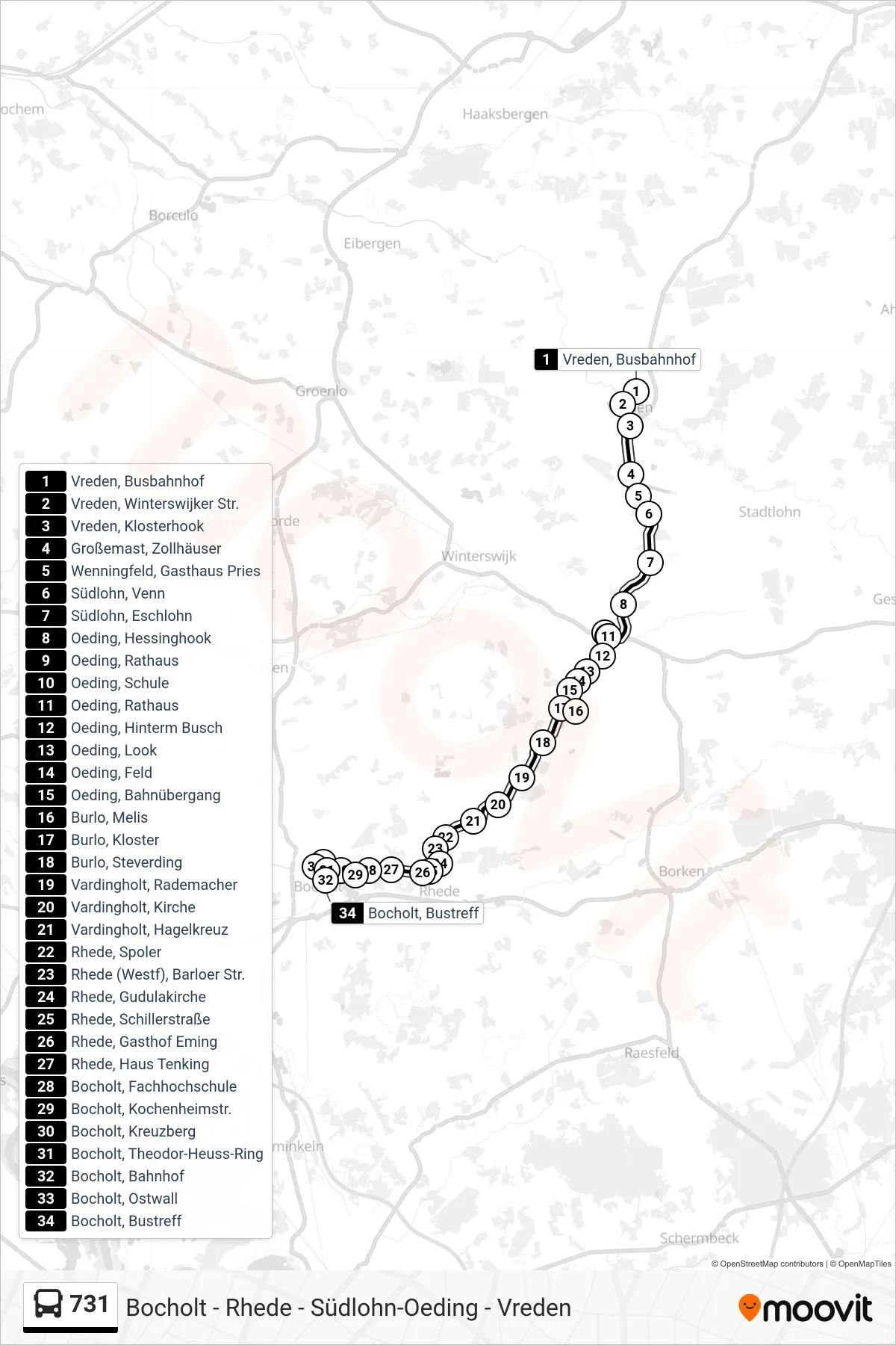 Linie 731 (Bus) Richtung Bocholt, Bustreff Bstg D4: Route und Haltestellen auf der Karte