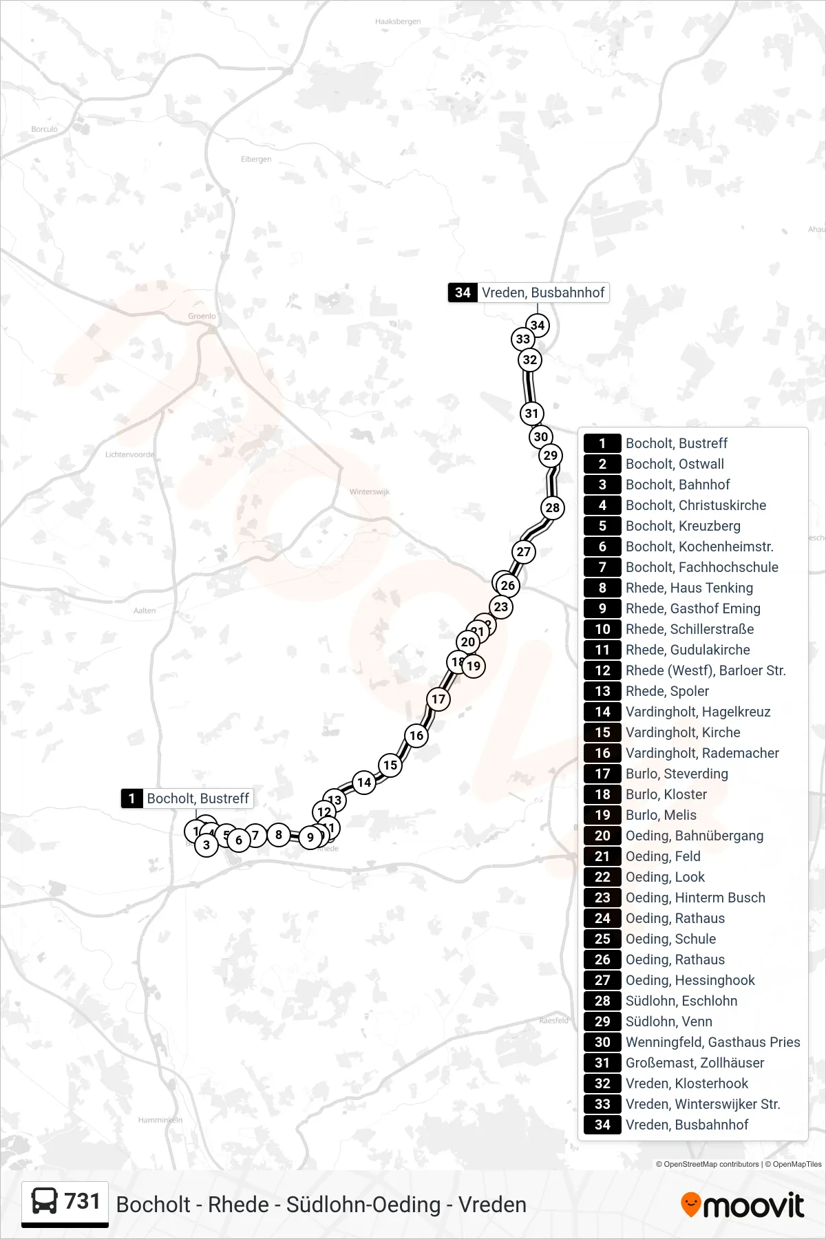 731 bus Line (Vreden, Busbahnhof Bstg A) route and stops on a map