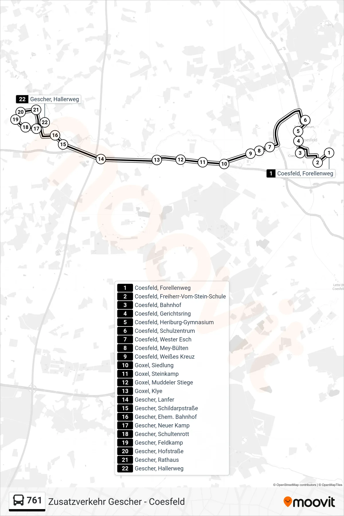 761 bus Line (Gescher, Hallerweg) route and stops on a map