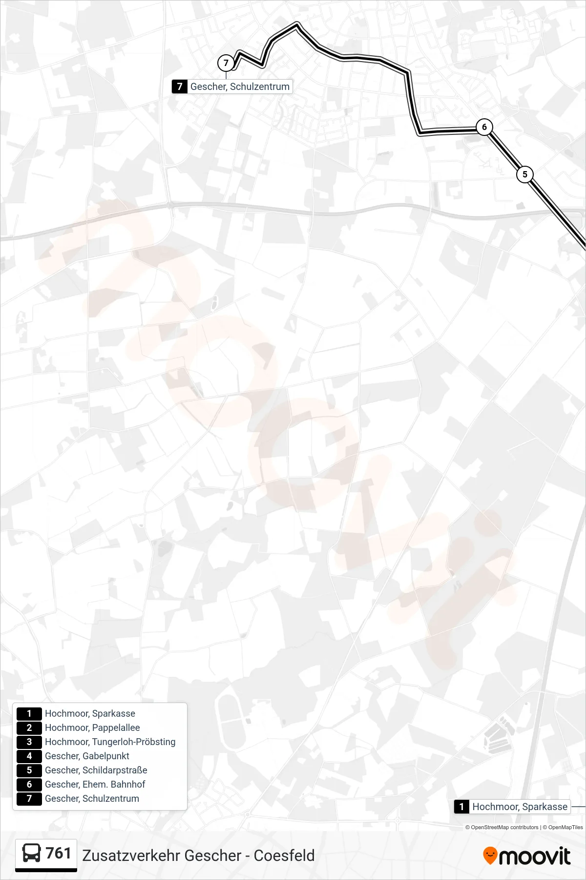 761 bus Line (Gescher, Schulzentrum) route and stops on a map