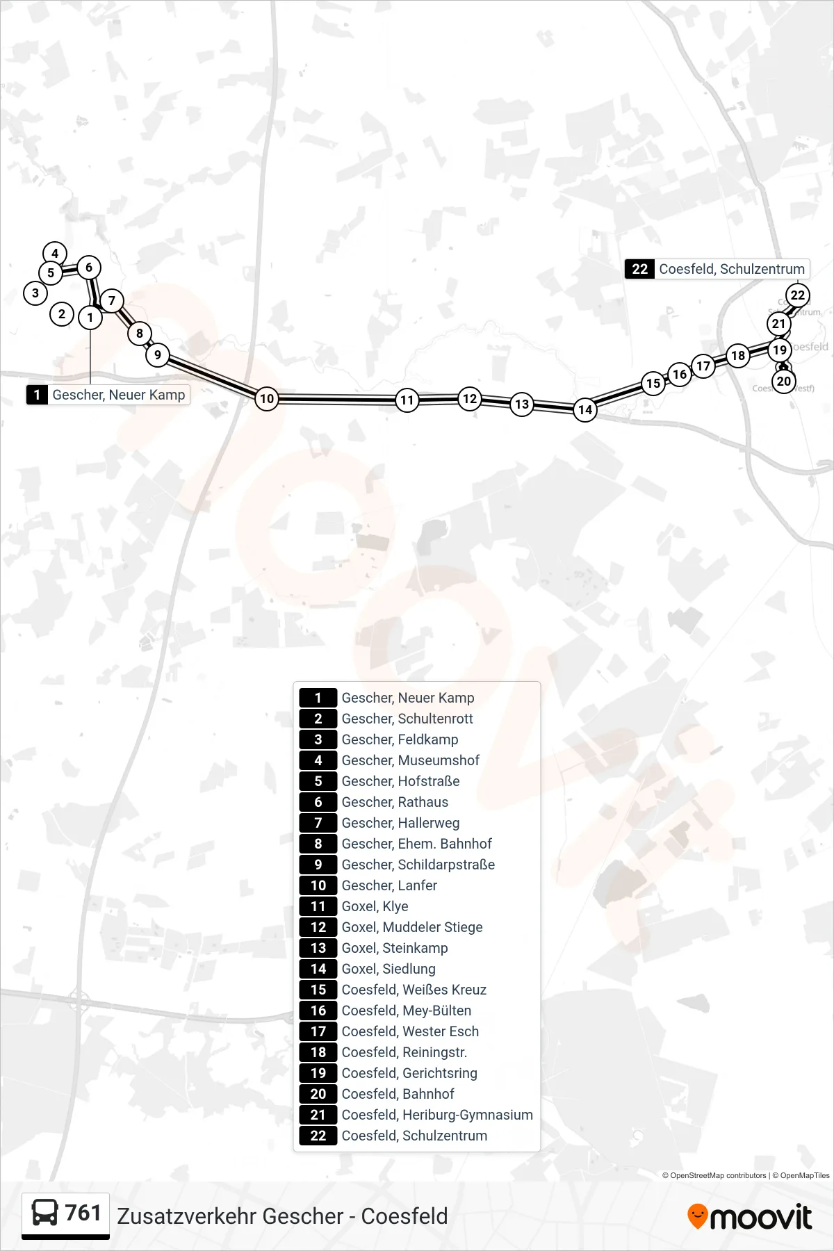 761 bus Line (Coesfeld, Schulzentrum) route and stops on a map
