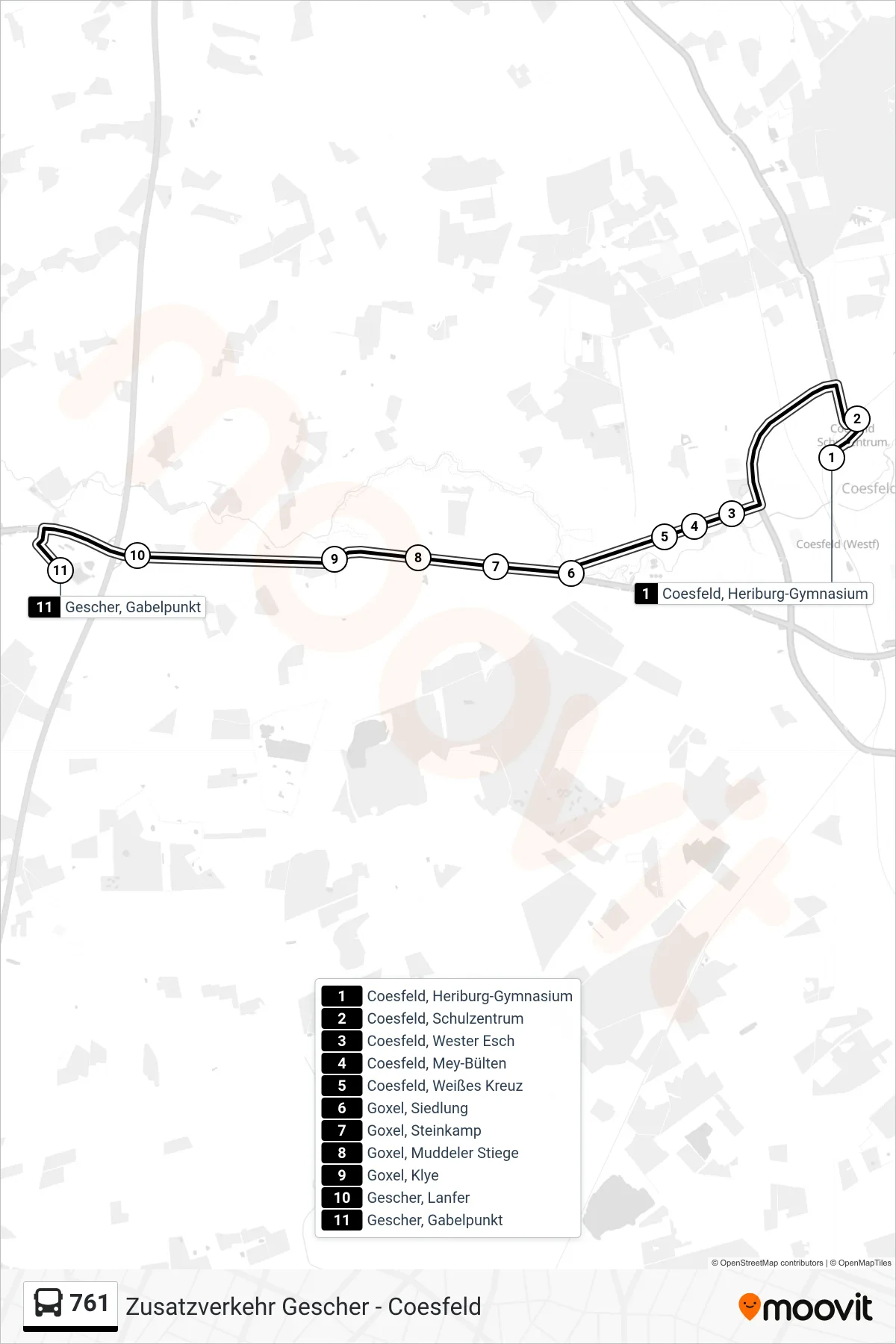 761 bus Line (Gescher, Gabelpunkt) route and stops on a map