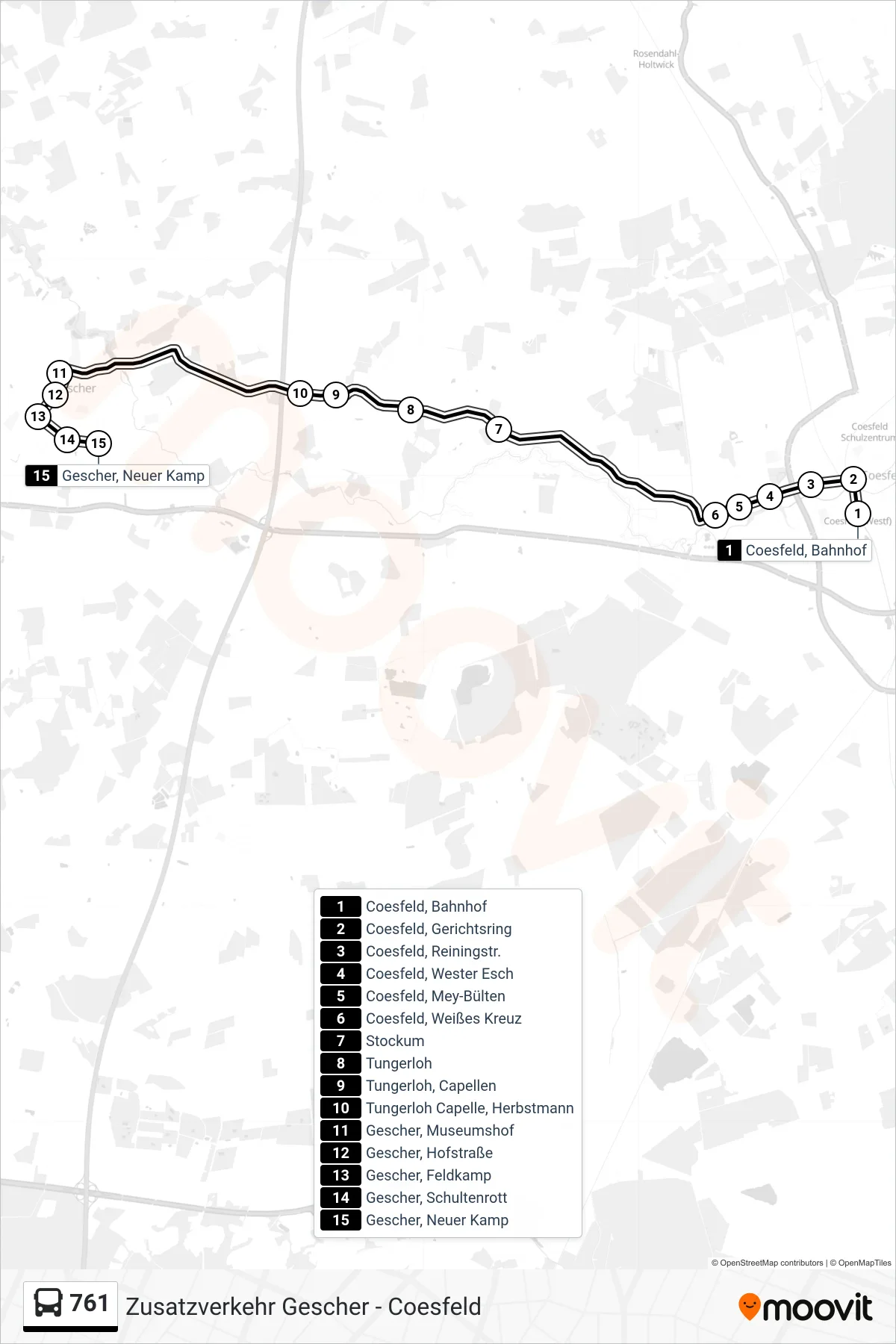761 bus Line (Gescher, Neuer Kamp) route and stops on a map