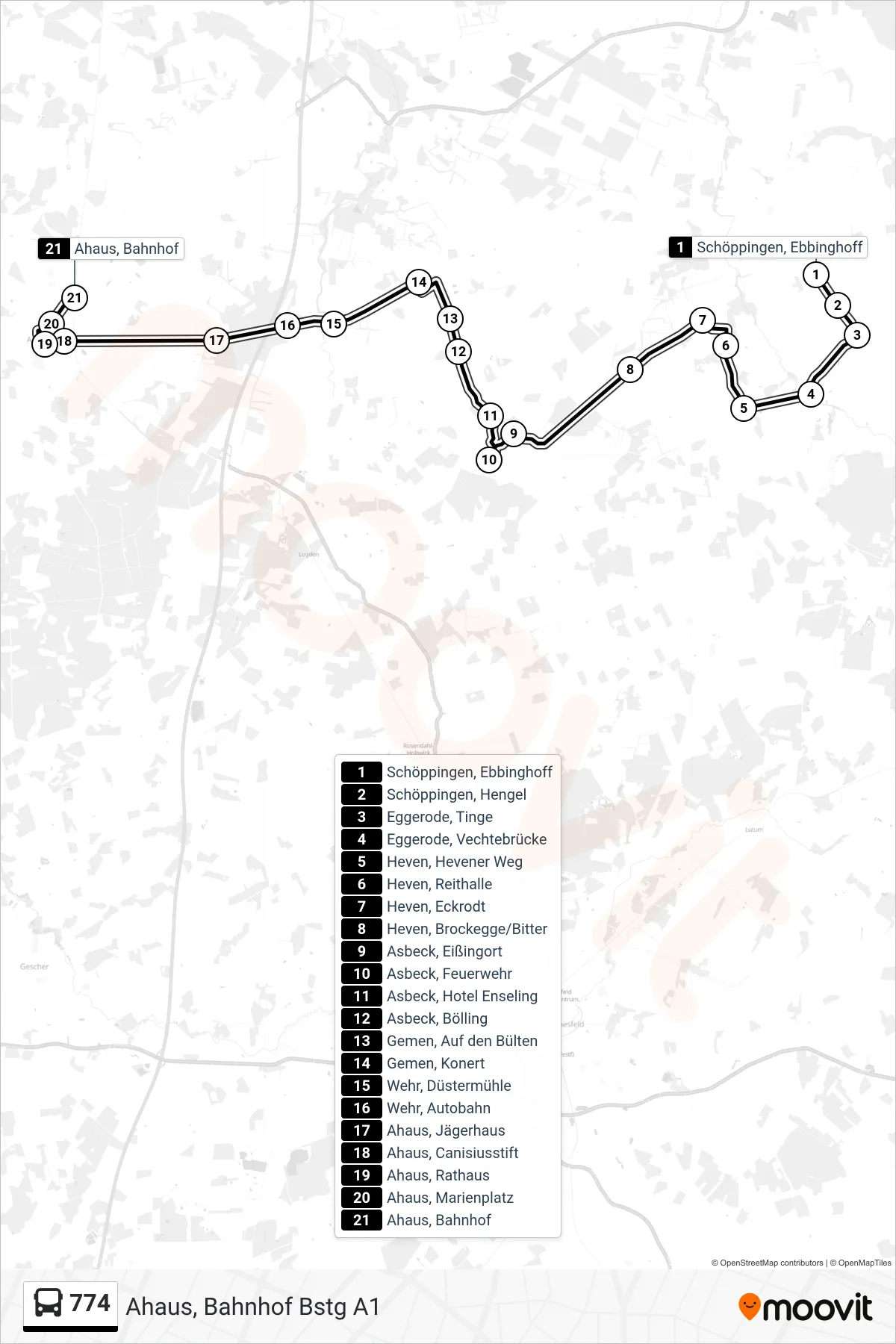 Linie 774 (Bus) Richtung Ahaus, Bahnhof Bstg A1: Route und Haltestellen auf der Karte