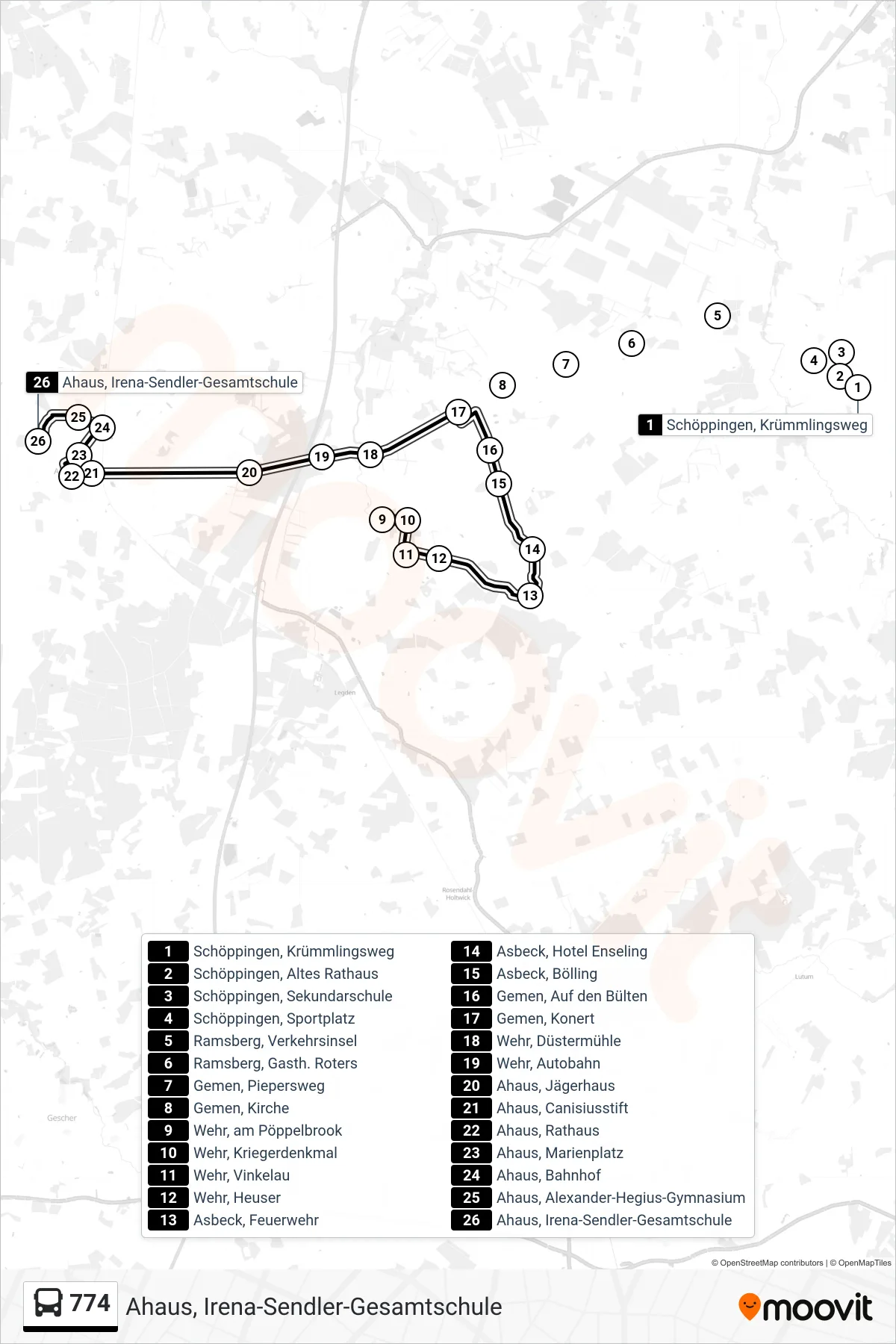 774 bus Line (Ahaus, Irena-Sendler-Gesamtschule) route and stops on a map