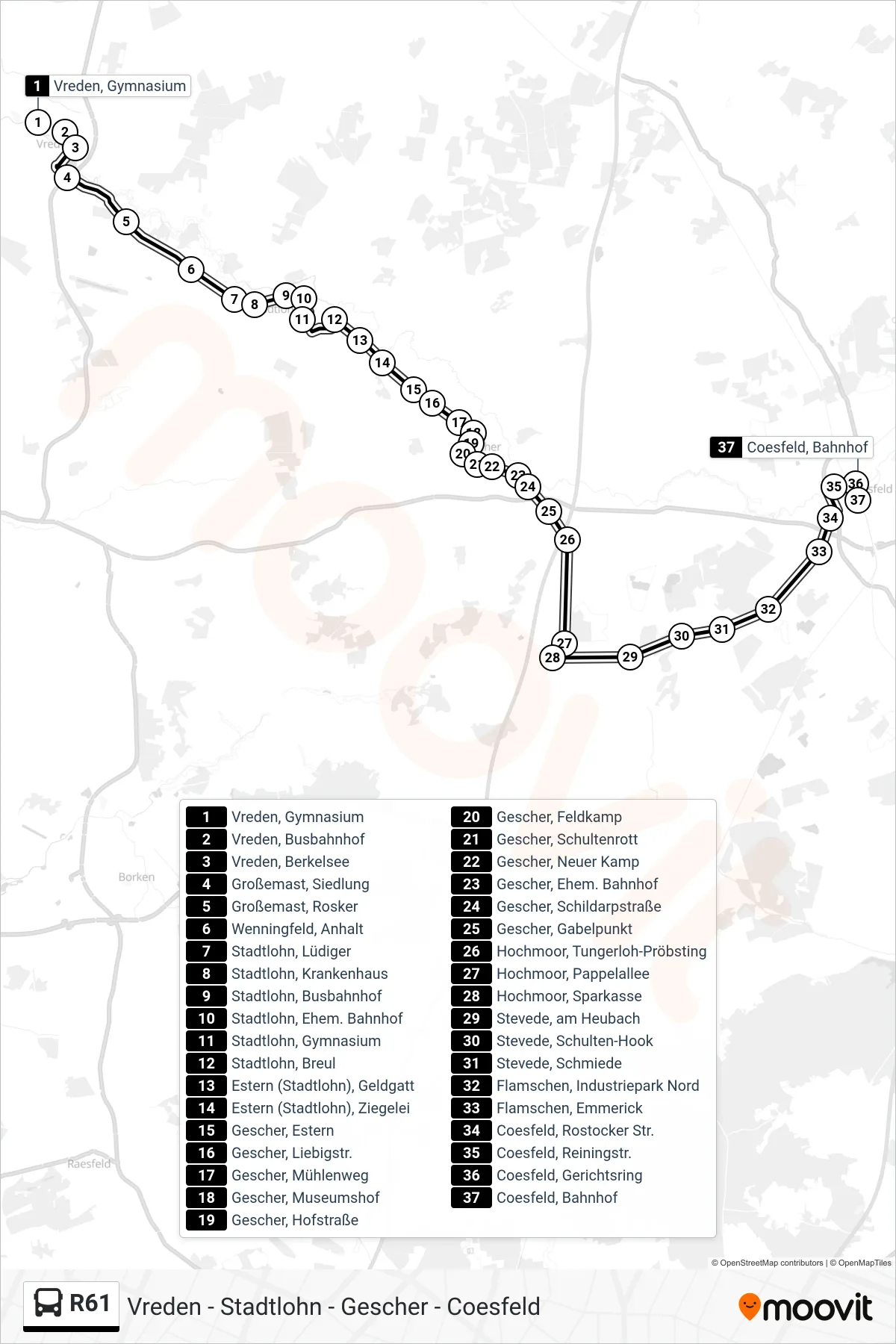 R61 bus Line (Coesfeld, Bahnhof Bussteig D) route and stops on a map