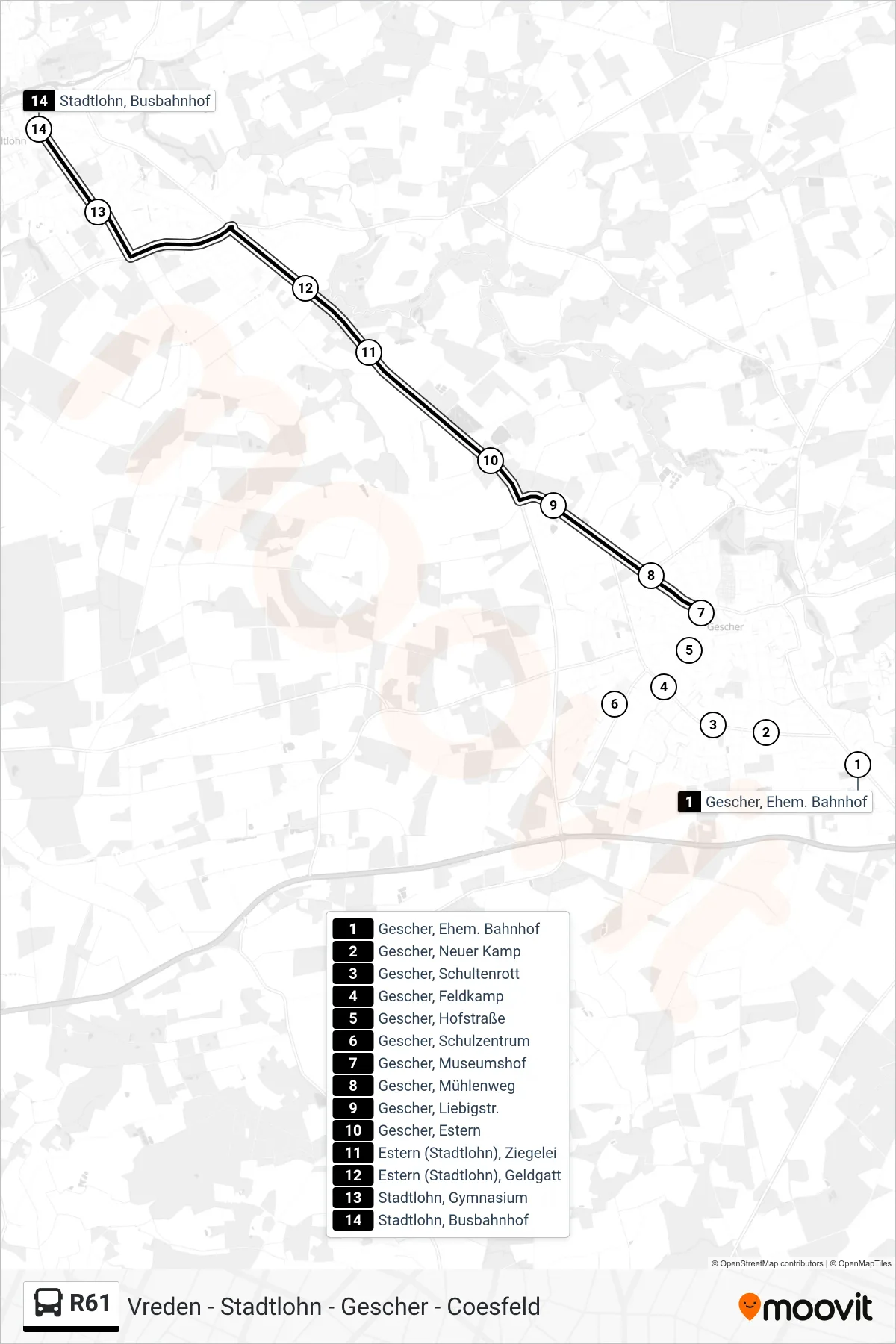 R61 bus Line (Stadtlohn, Busbahnhof Bstg A1) route and stops on a map
