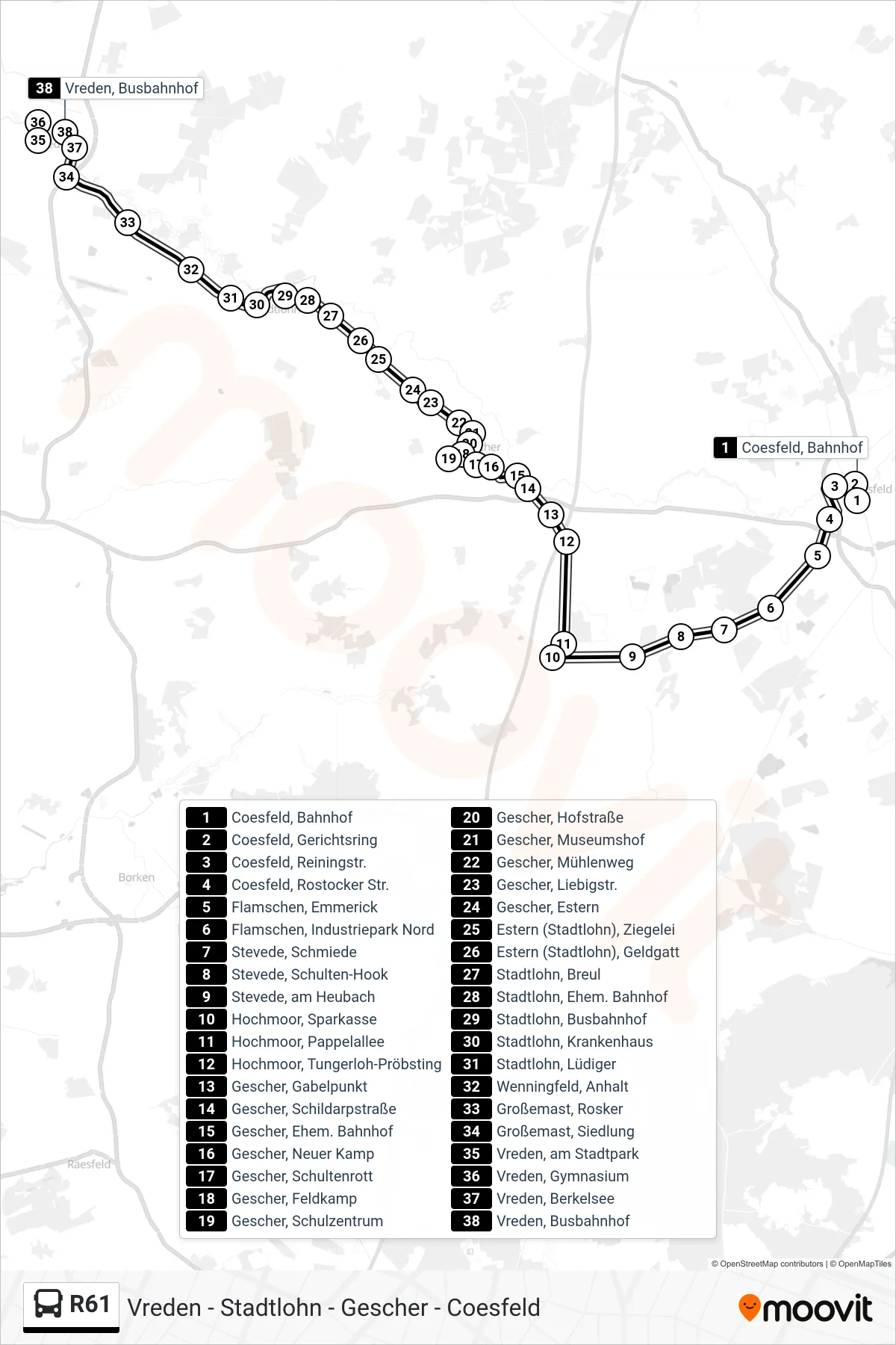 R61 bus Line (Vreden, Busbahnhof Bstg A) route and stops on a map