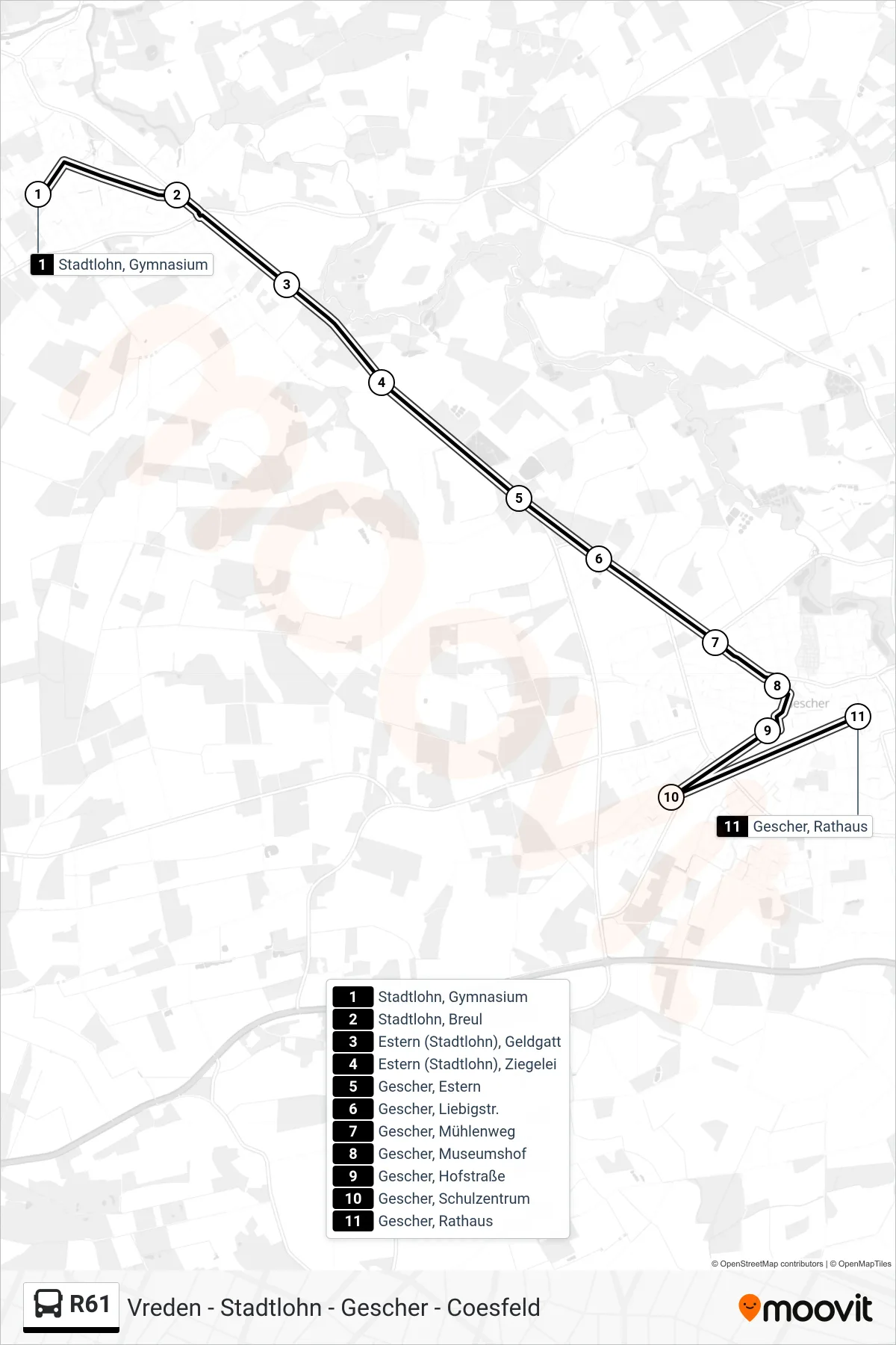 Linie R61 (Bus) Richtung Gescher, Rathaus: Route und Haltestellen auf der Karte