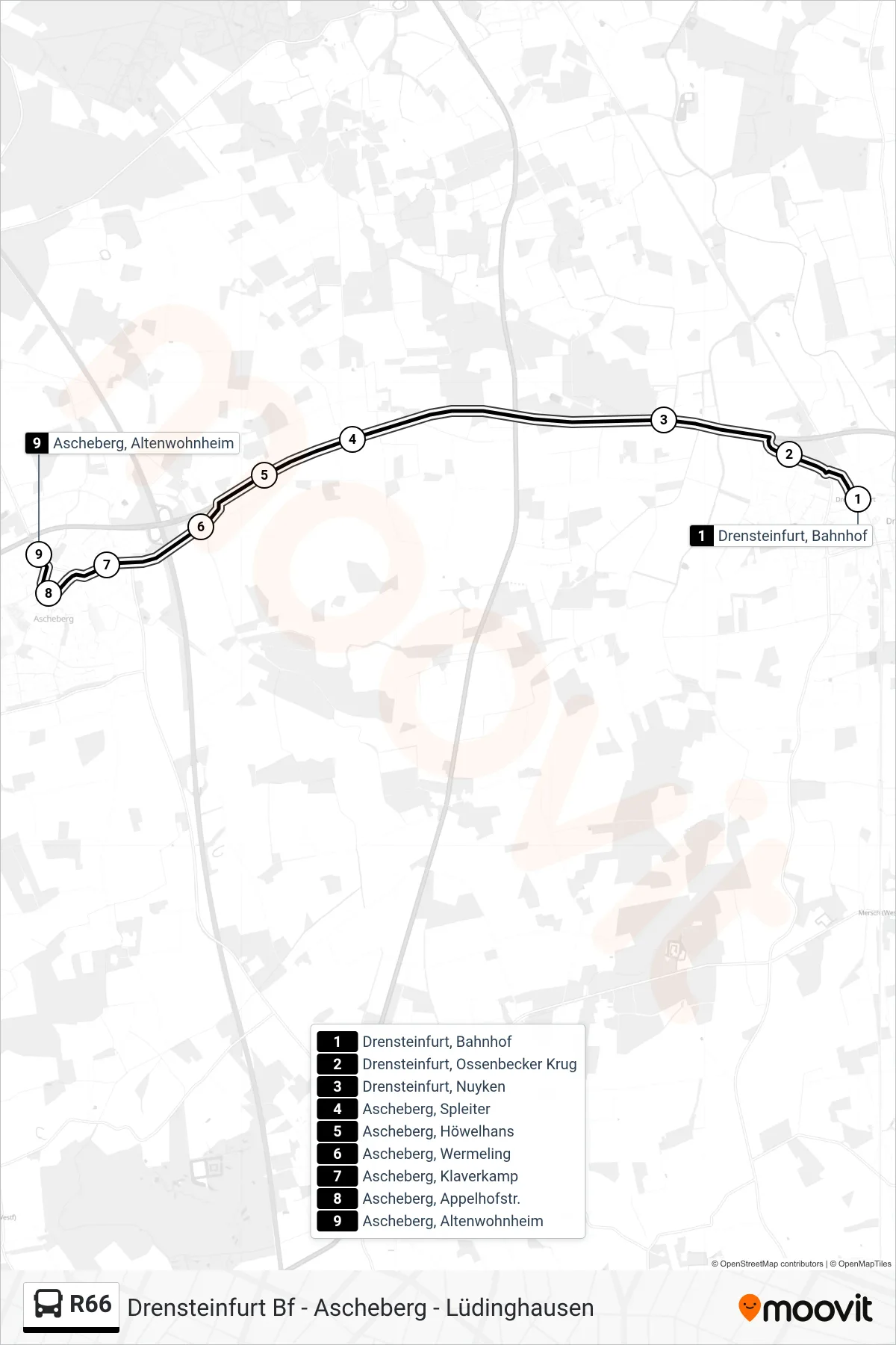 R66 bus Line (Ascheberg, Altenwohnheim) route and stops on a map
