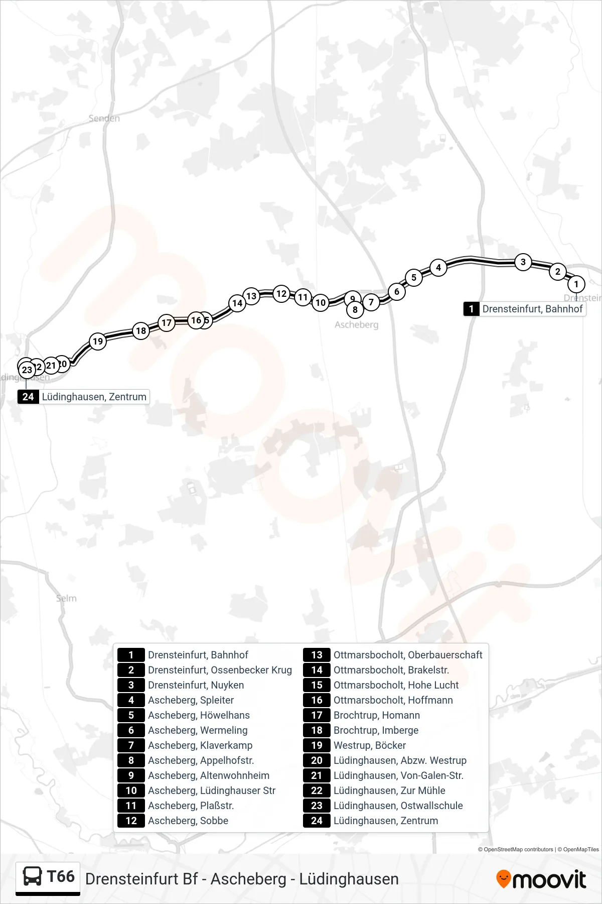 Linie T66 (Bus) Richtung Lüdinghausen, Zentrum: Route und Haltestellen auf der Karte