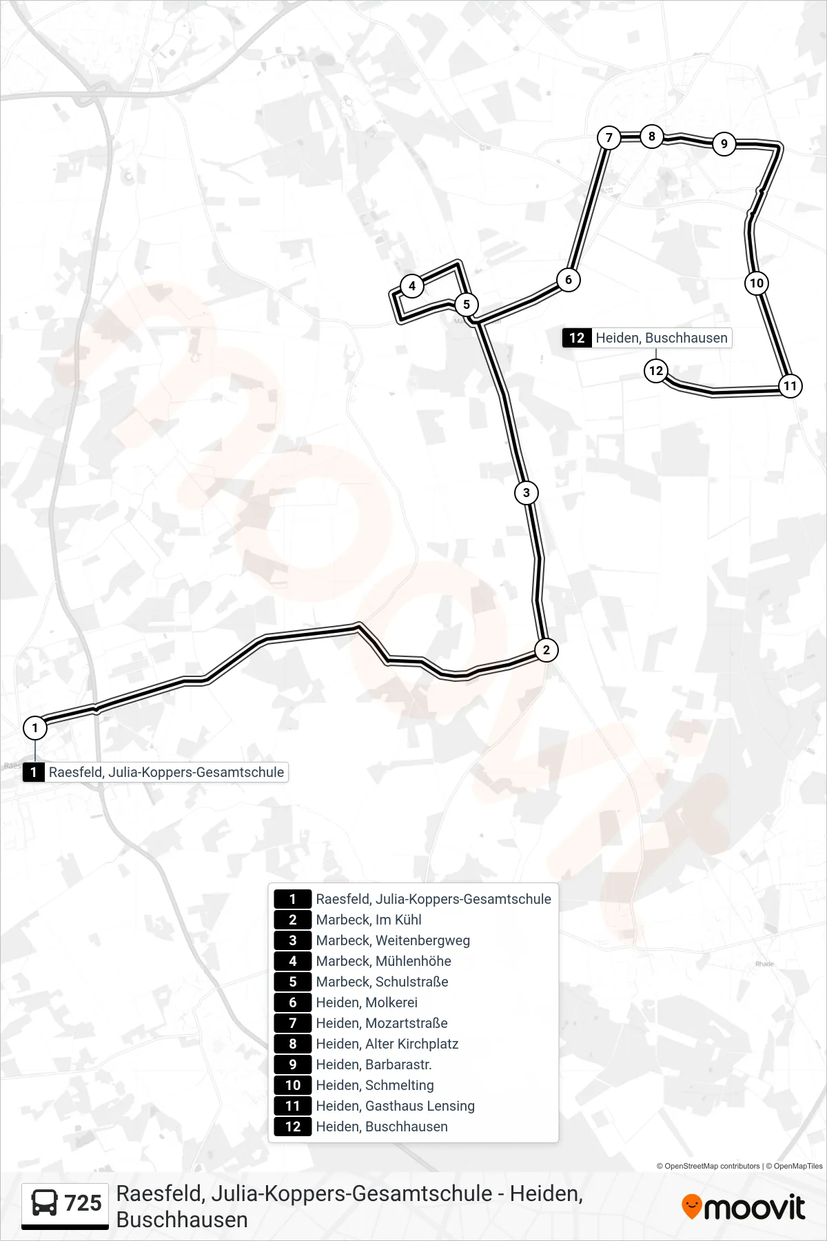Linie 725 (Tram) Richtung Heiden, Buschhausen: Route und Haltestellen auf der Karte