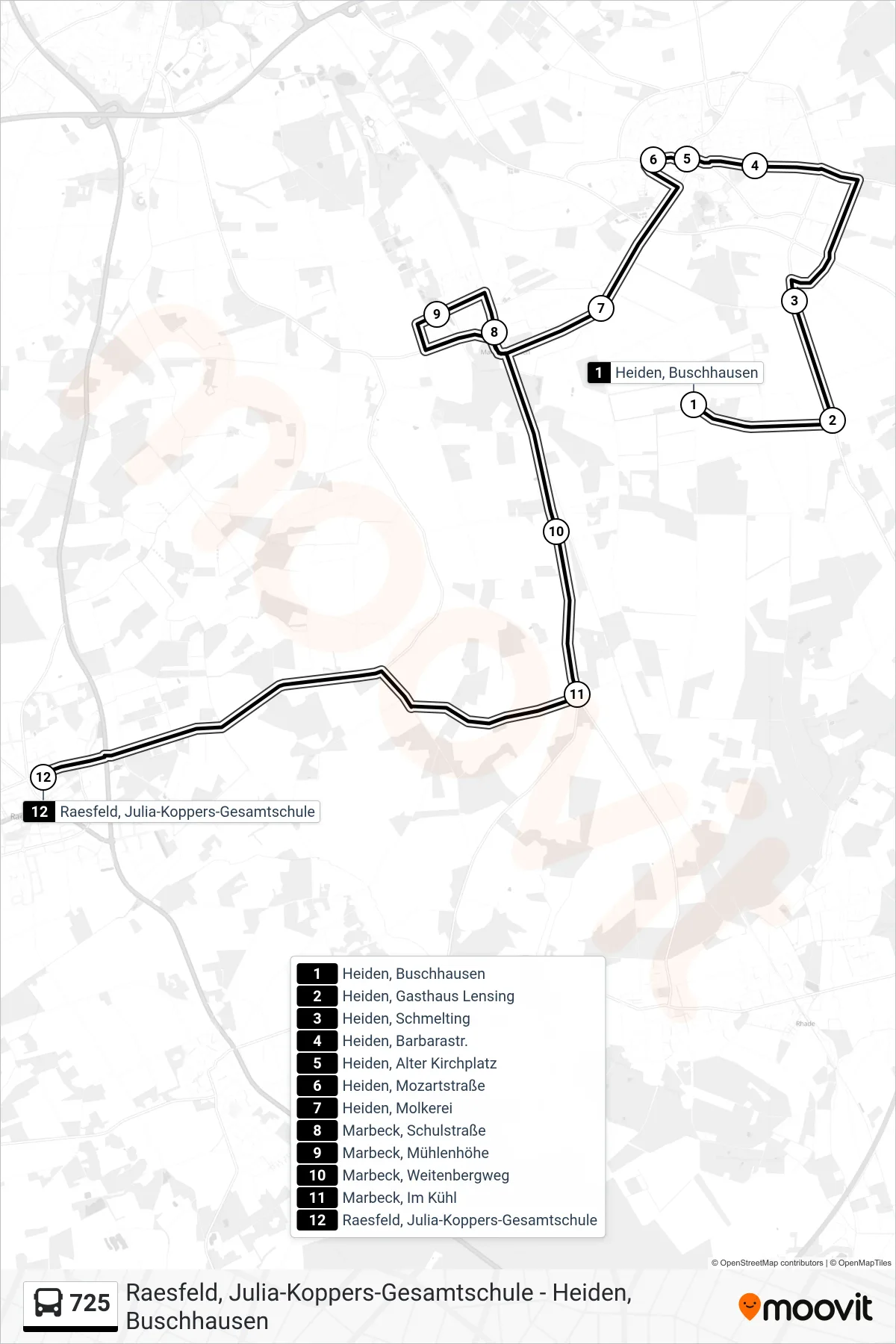 725 tram Line (Raesfeld, Julia-Koppers-Gesamtschule) route and stops on a map