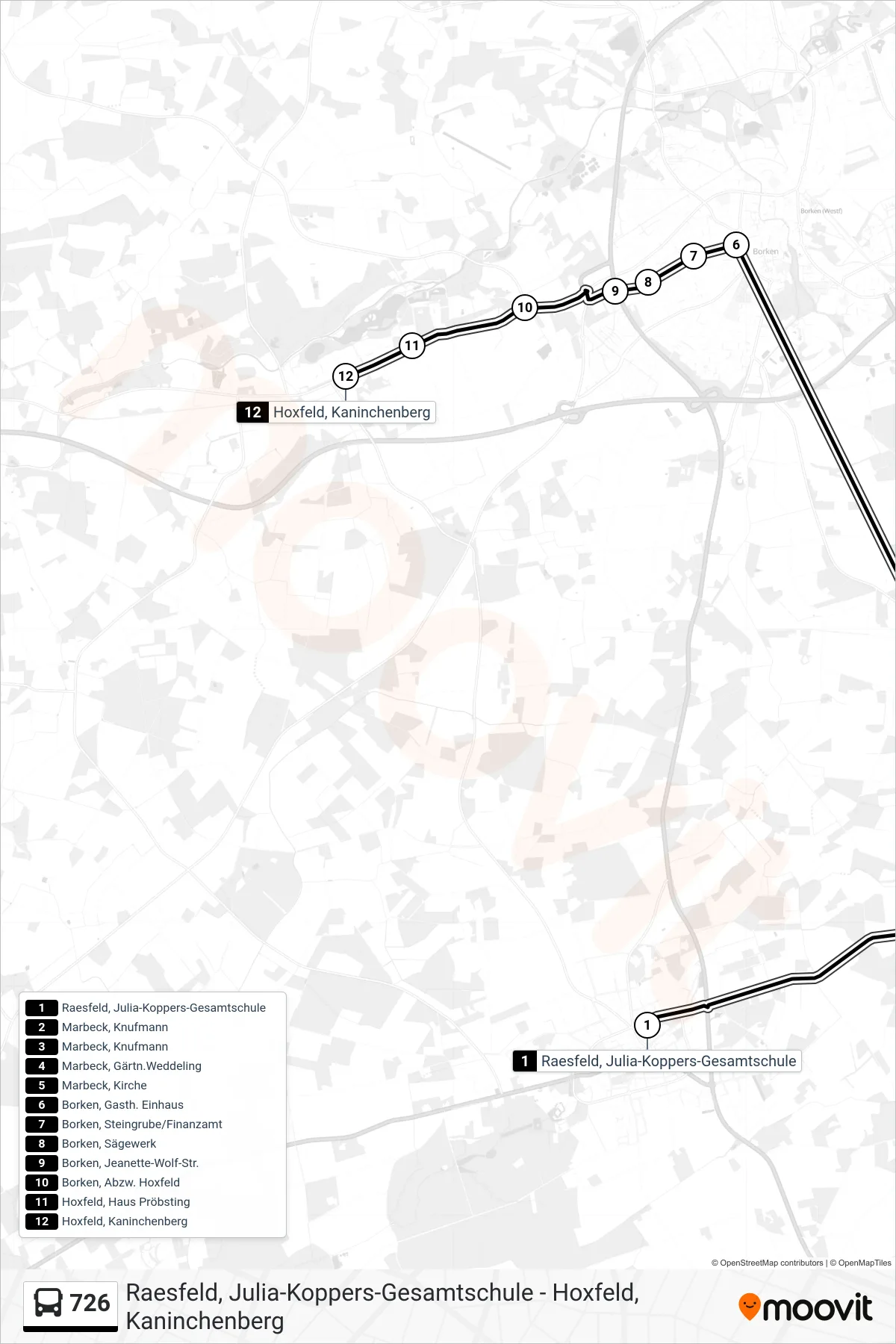 726 tram Line (Hoxfeld, Kaninchenberg) route and stops on a map