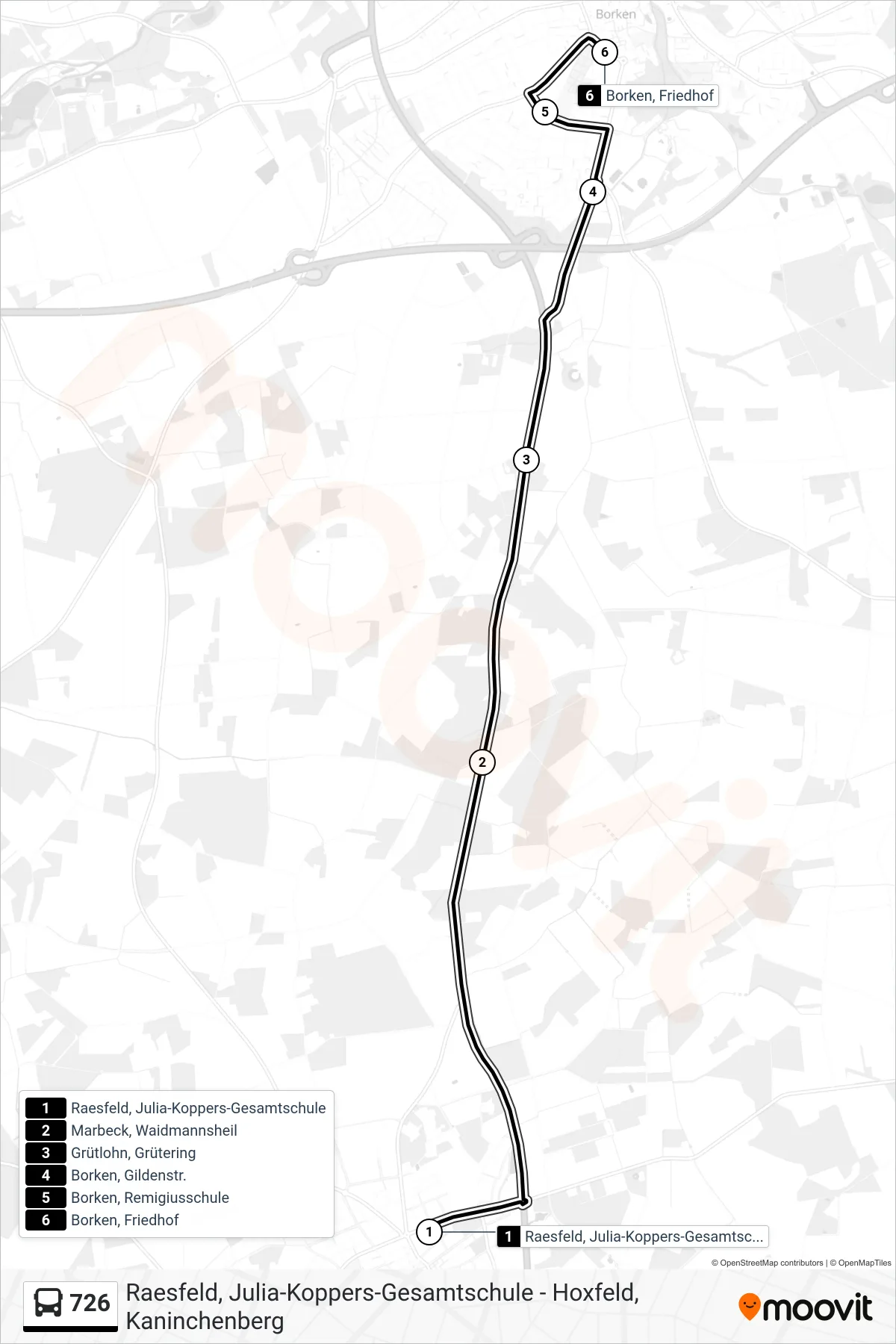 726 tram Line (Borken, Friedhof) route and stops on a map
