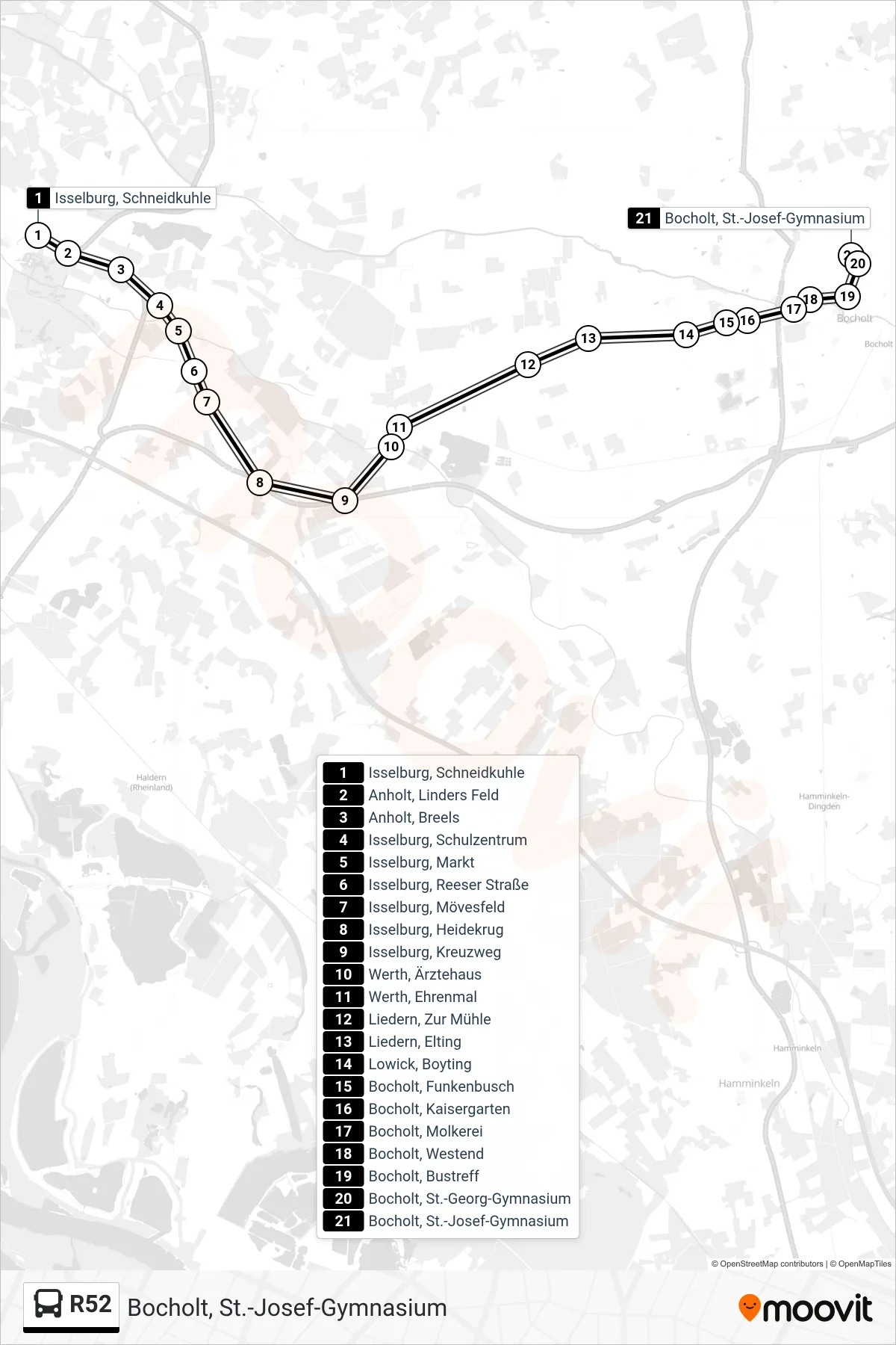 Linie R52 (Tram) Richtung Bocholt, St.-Josef-Gymnasium: Route und Haltestellen auf der Karte