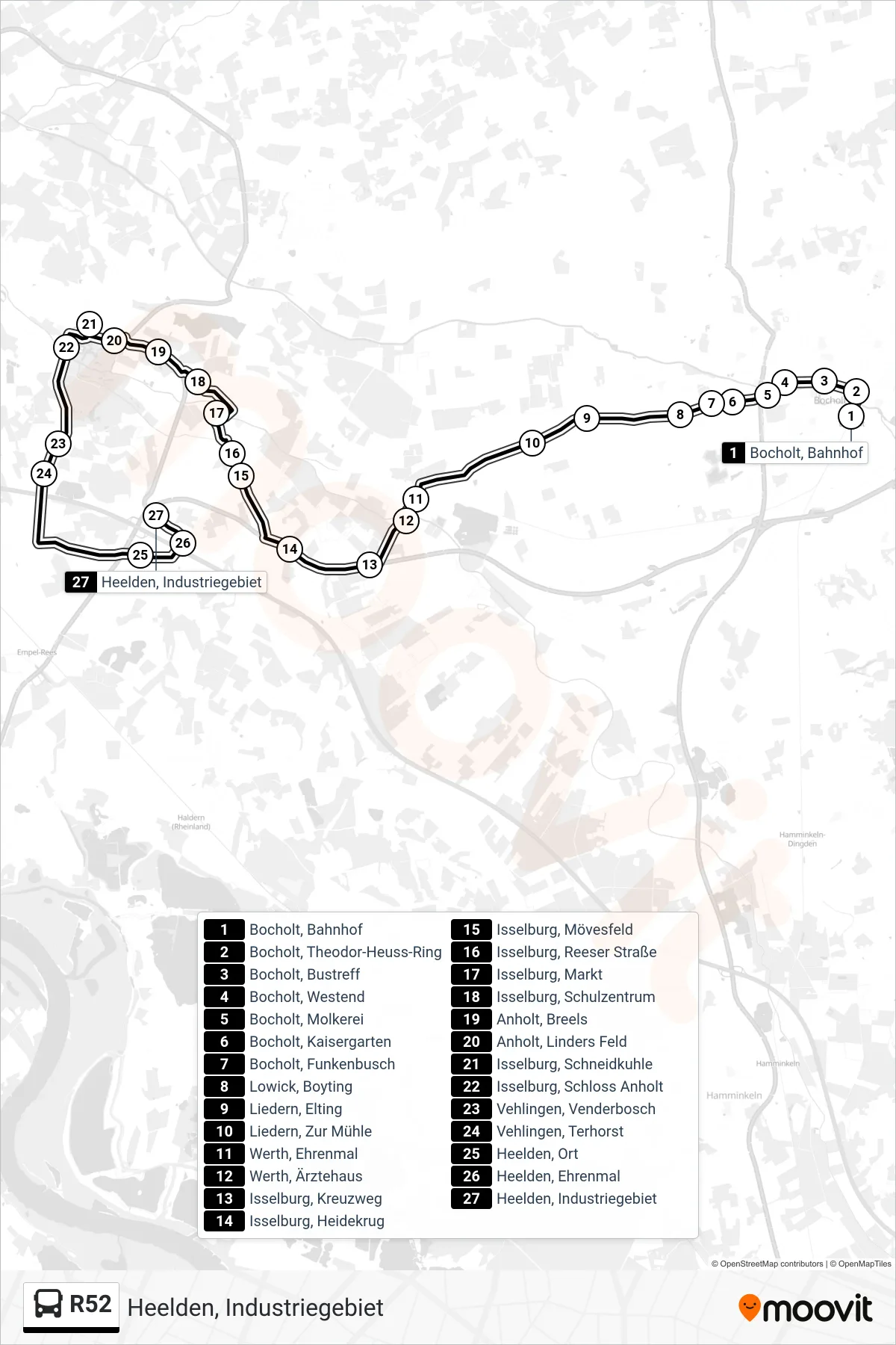 R52 tram Line (Heelden, Industriegebiet) route and stops on a map