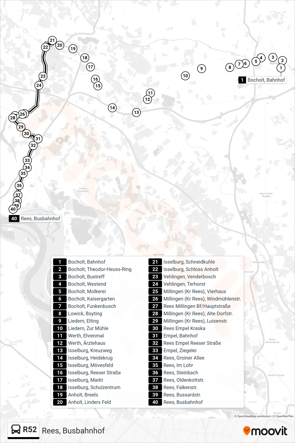 R52 tram Line (Rees, Busbahnhof) route and stops on a map