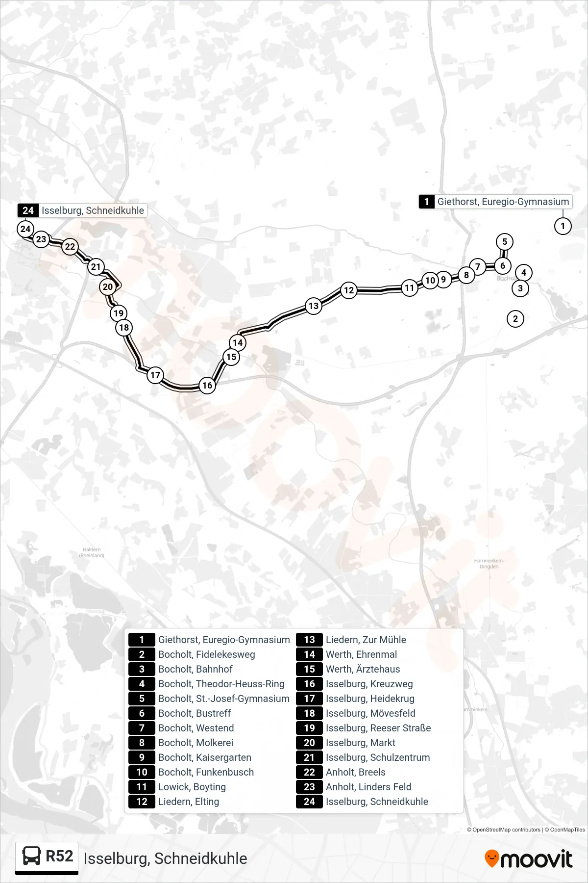 R52 tram Line (Isselburg, Schneidkuhle) route and stops on a map