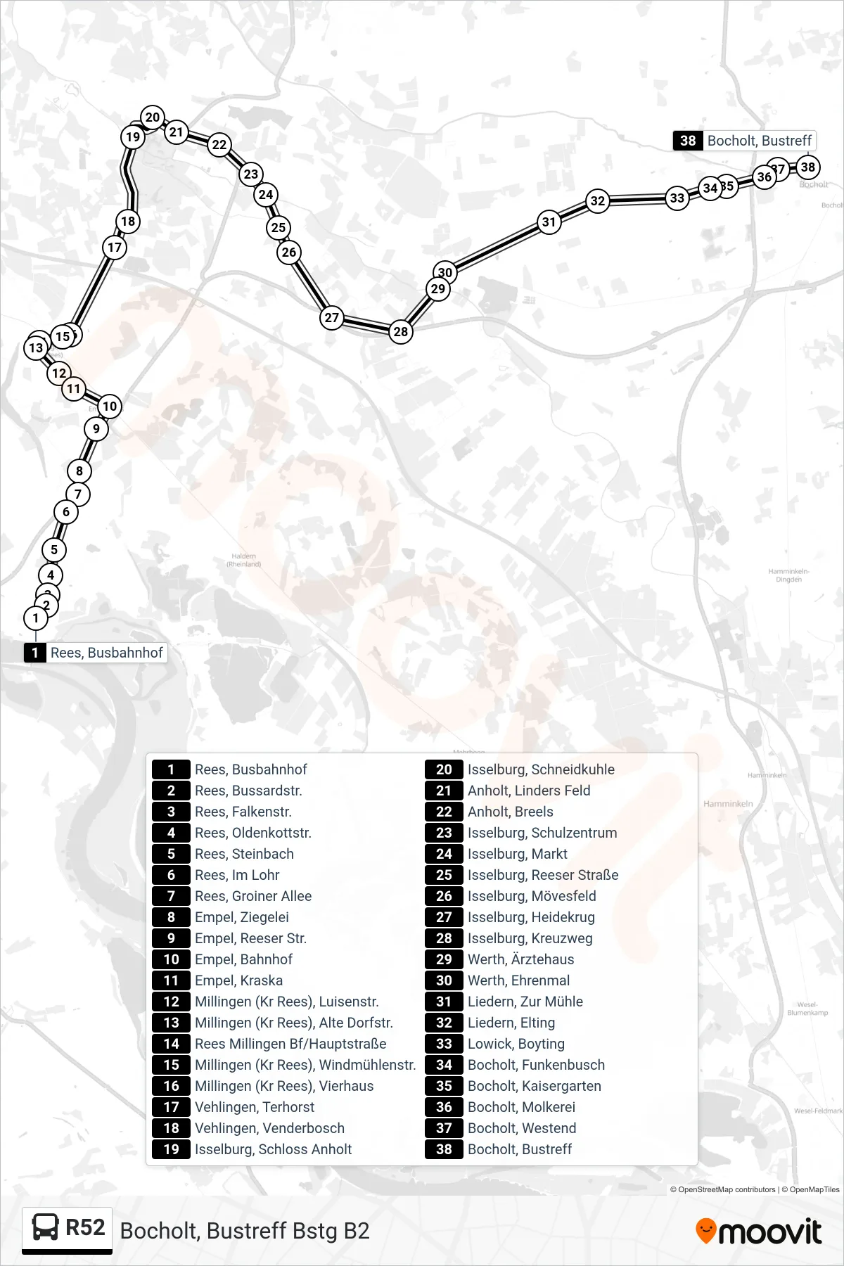 R52 tram Line (Bocholt, Bustreff Bstg B2) route and stops on a map