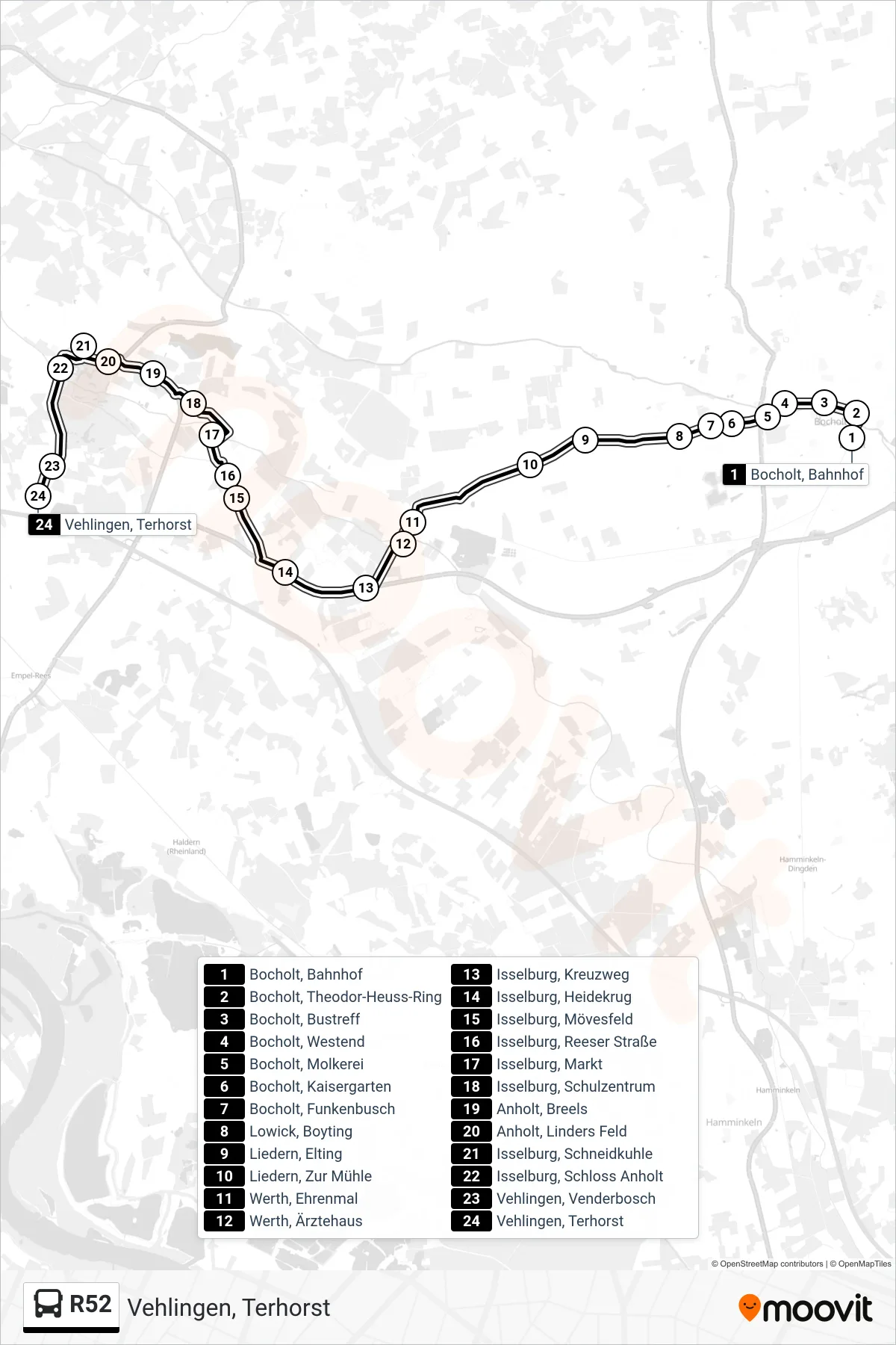 R52 tram Line (Vehlingen, Terhorst) route and stops on a map