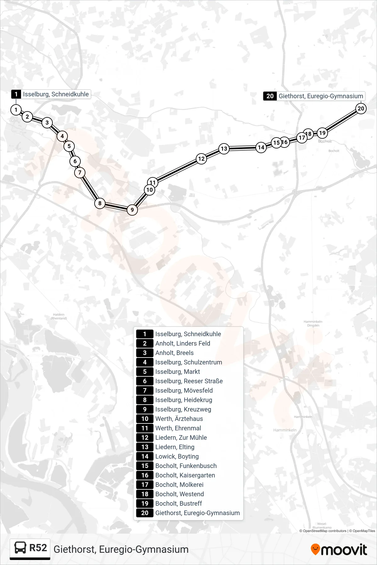R52 tram Line (Giethorst, Euregio-Gymnasium) route and stops on a map