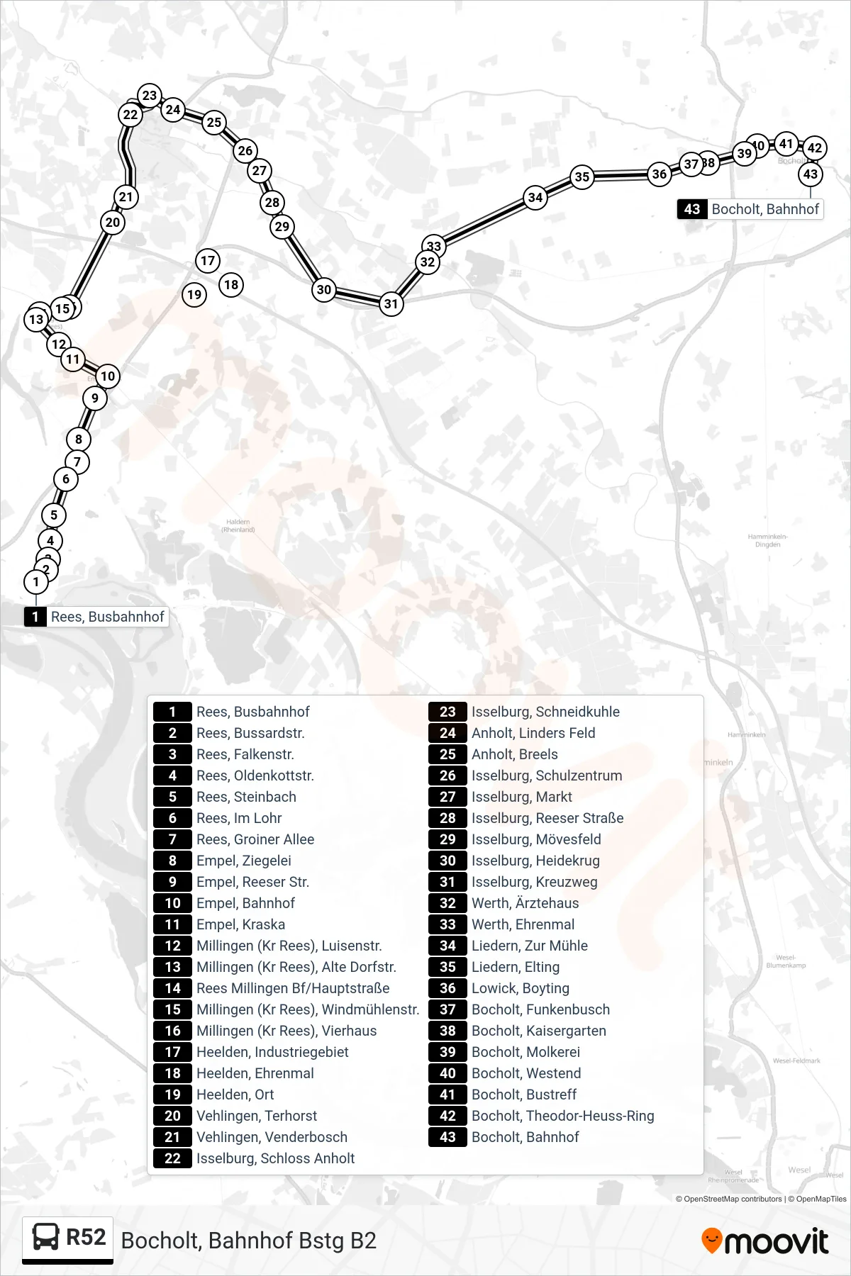 R52 tram Line (Bocholt, Bahnhof Bstg B2) route and stops on a map