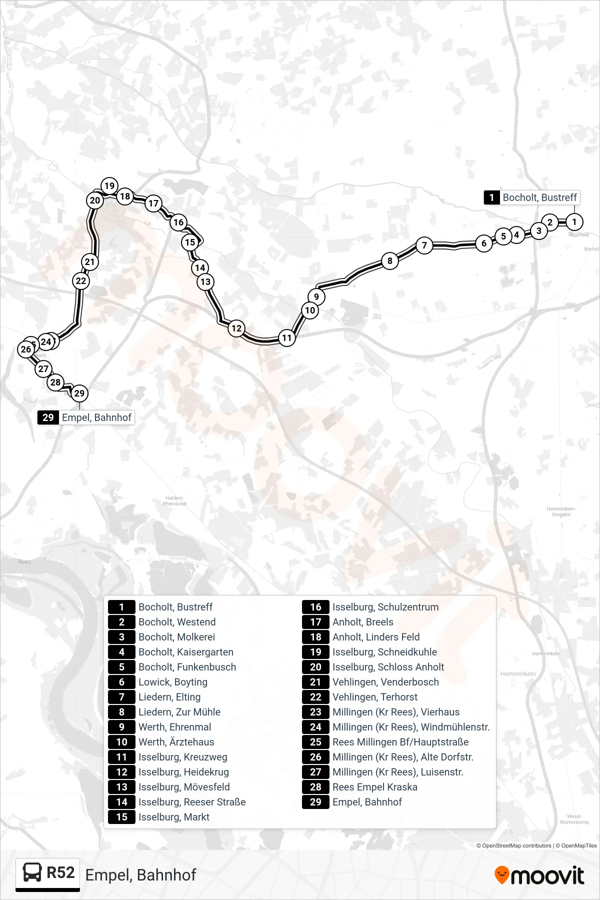 R52 tram Line (Empel, Bahnhof) route and stops on a map